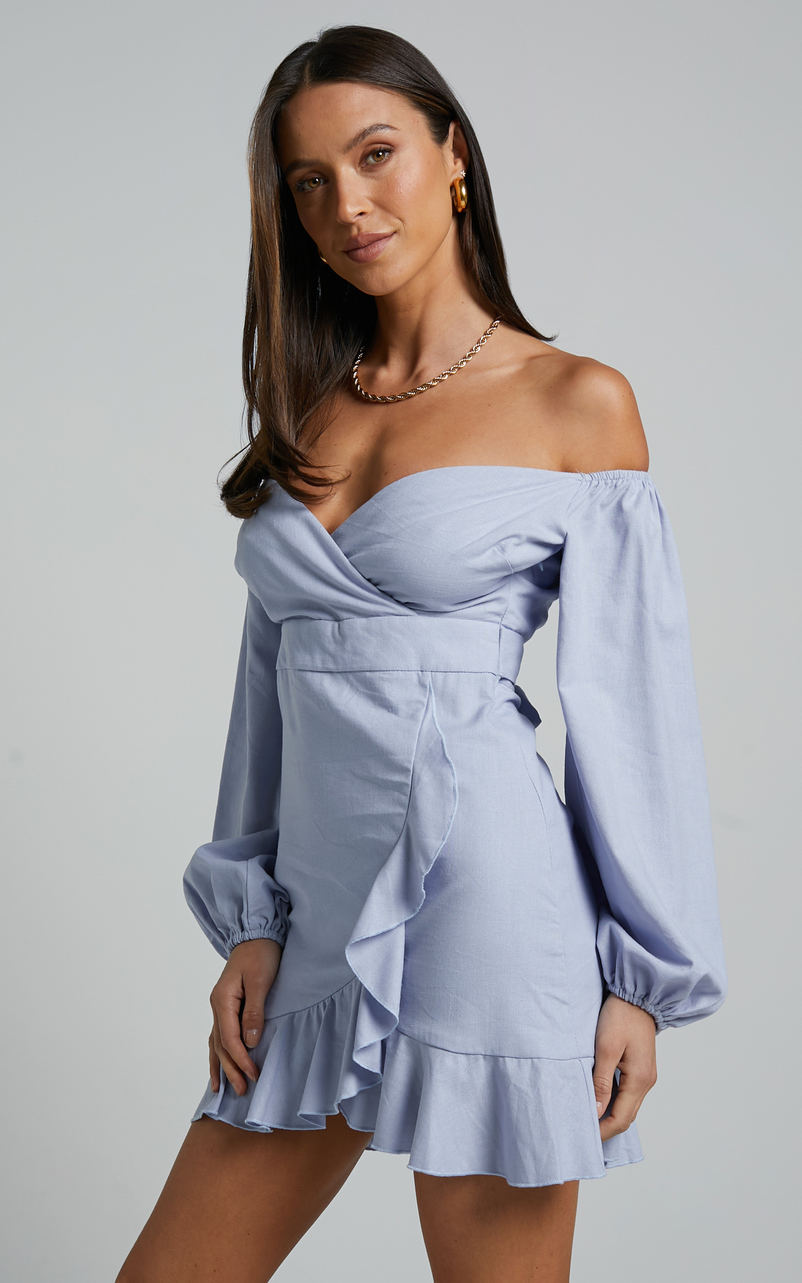Cant Move On Off Shoulder Mini Dress in Powder Blue Linen Look - 04, BLU2, hi-res image number null
