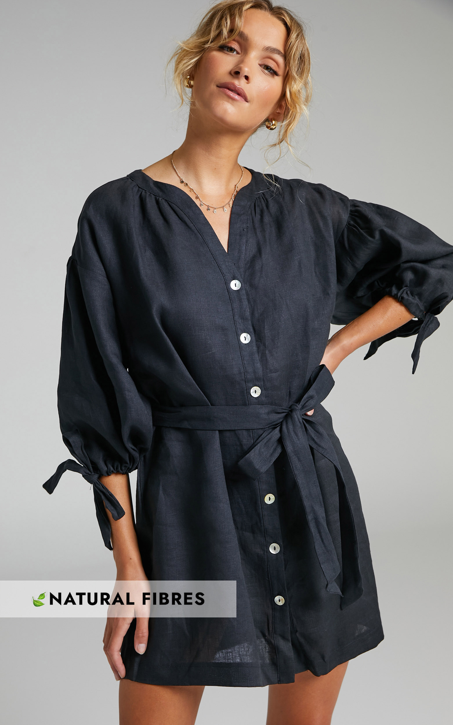 Amalie The Label - Bellafleure Linen Balloon Sleeve Relaxed Button Front Mini Dress in Black - 14, BLK1, hi-res image number null