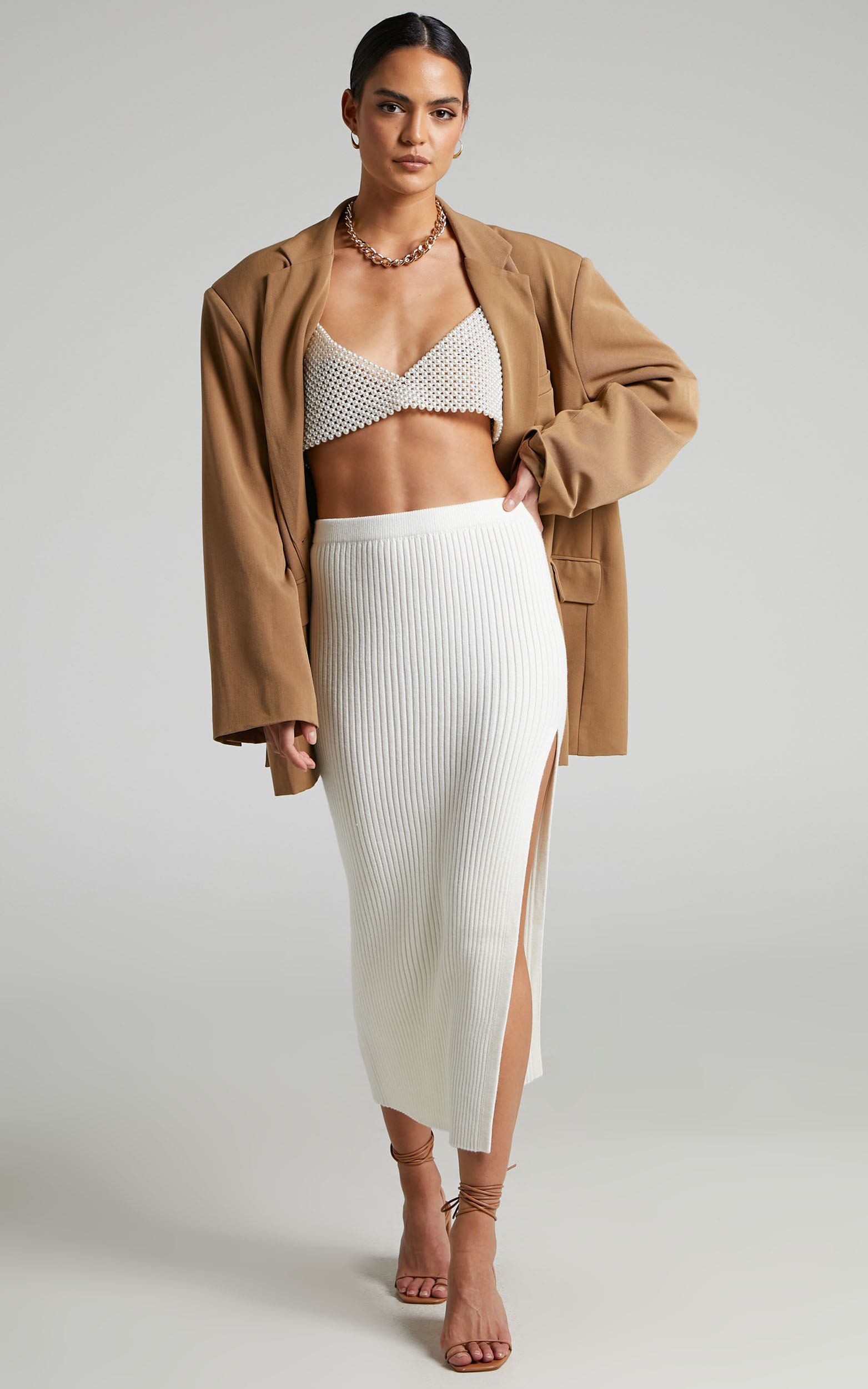 Andalucia Ribbed Side Split Midi Skirt in Cream - 04, CRE2, hi-res image number null