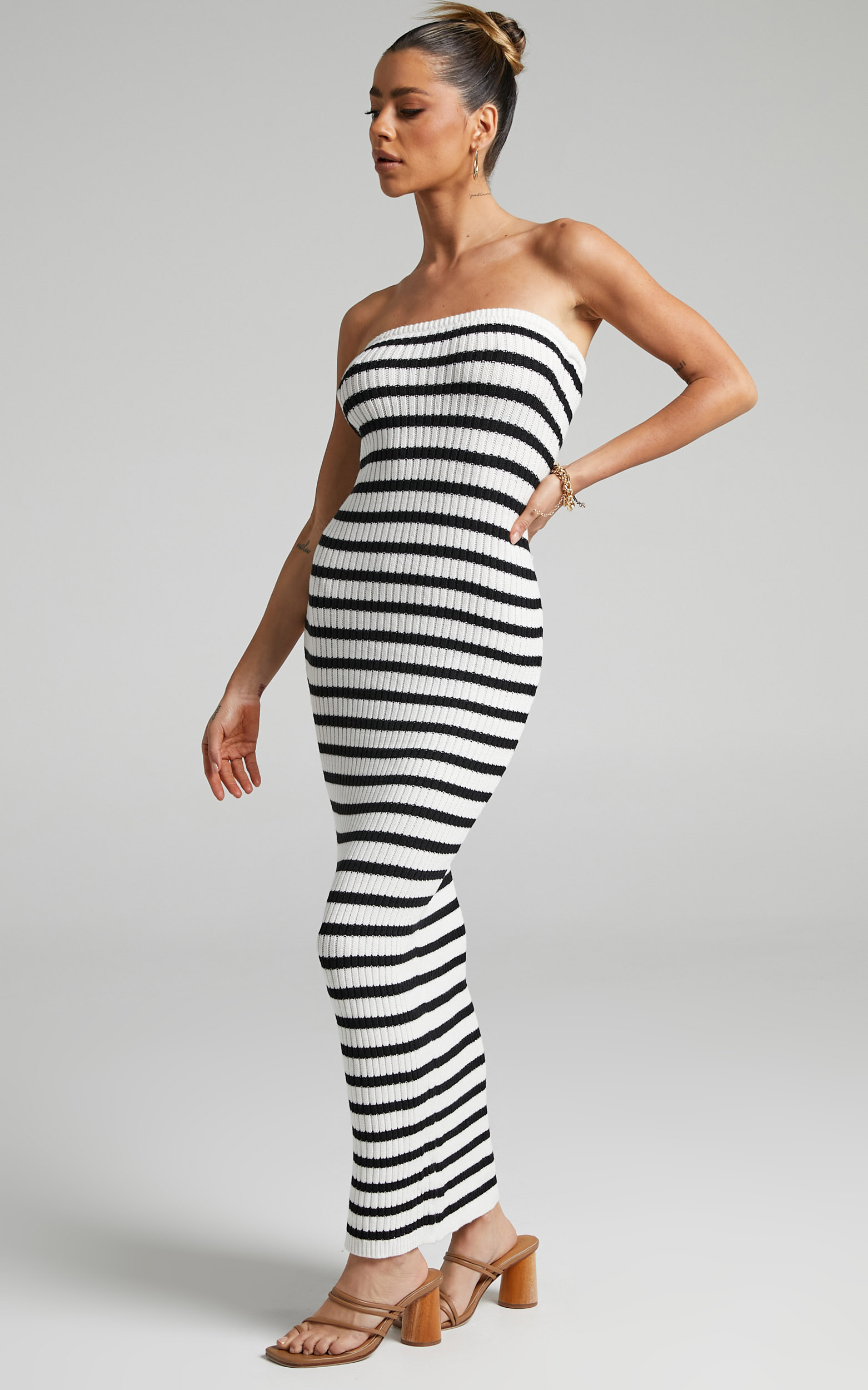Aleena Strapless Bodycon Knit Maxi Dress in Black/White - L, BLK1, hi-res image number null