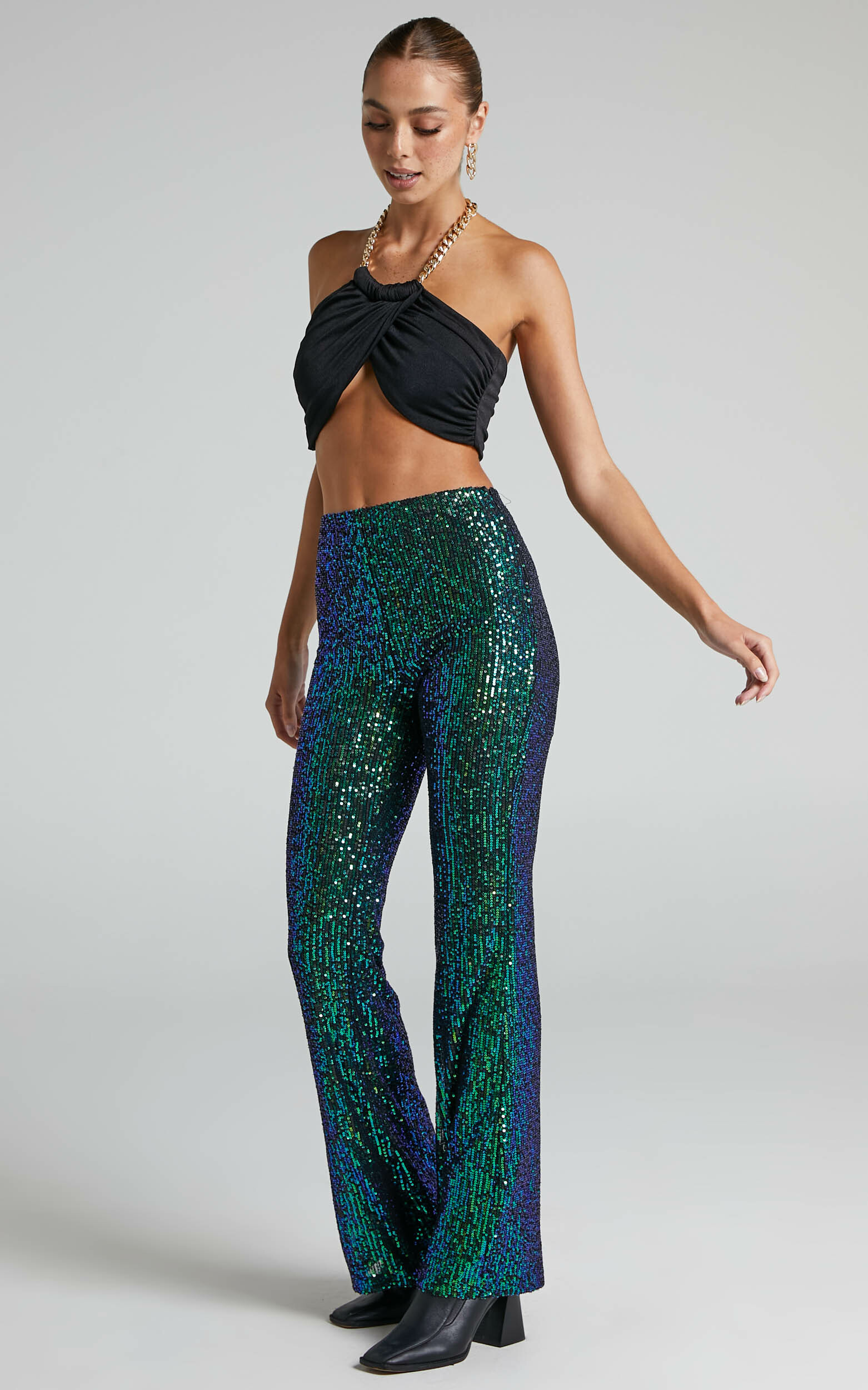 Deliza High Waisted Sequins Flare Pants in Mermaid Teal - 06, GRN1, hi-res image number null
