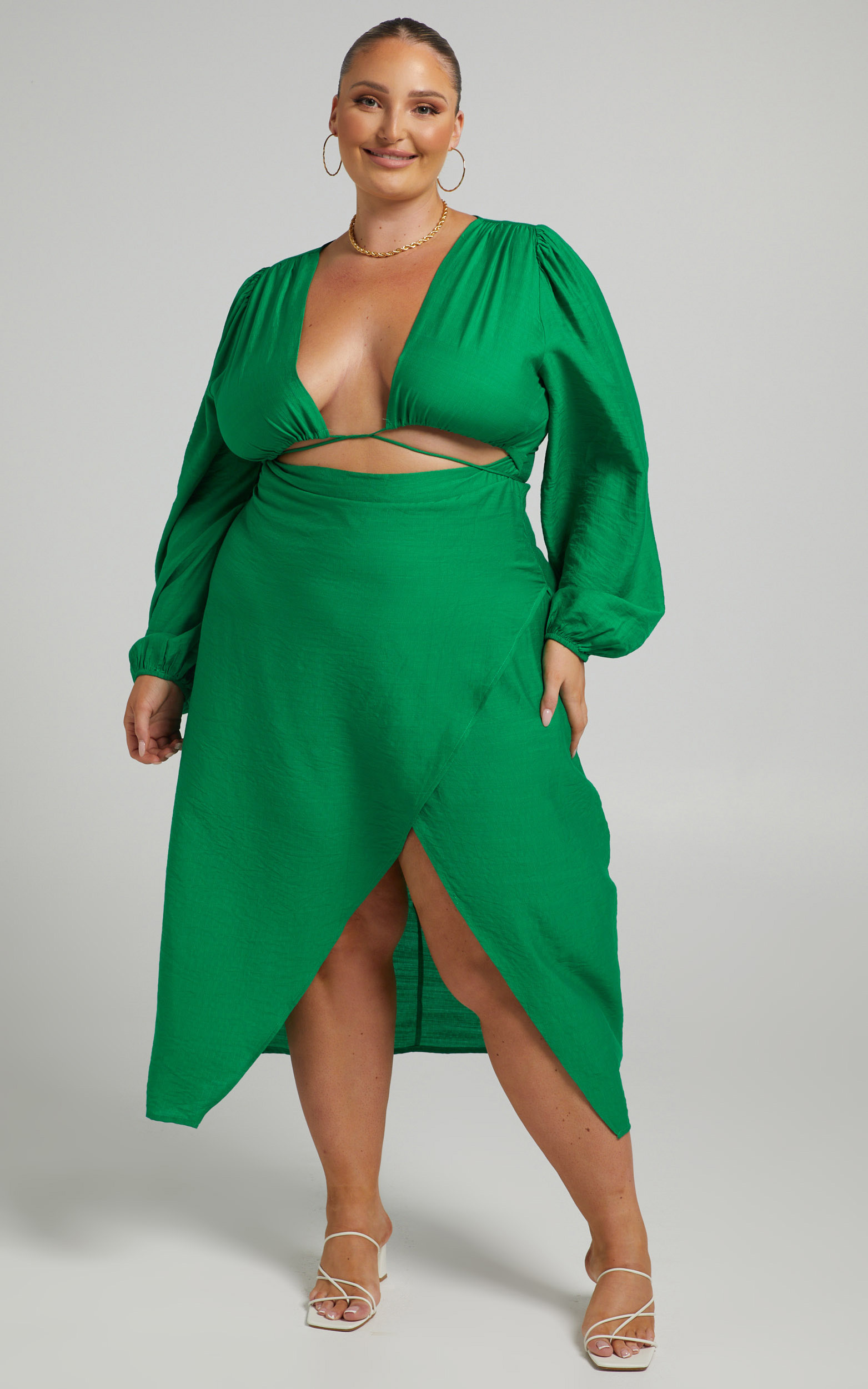 Demieh Front Cut Out Long Sleeve Midi Dress in Green - 04, GRN1, hi-res image number null