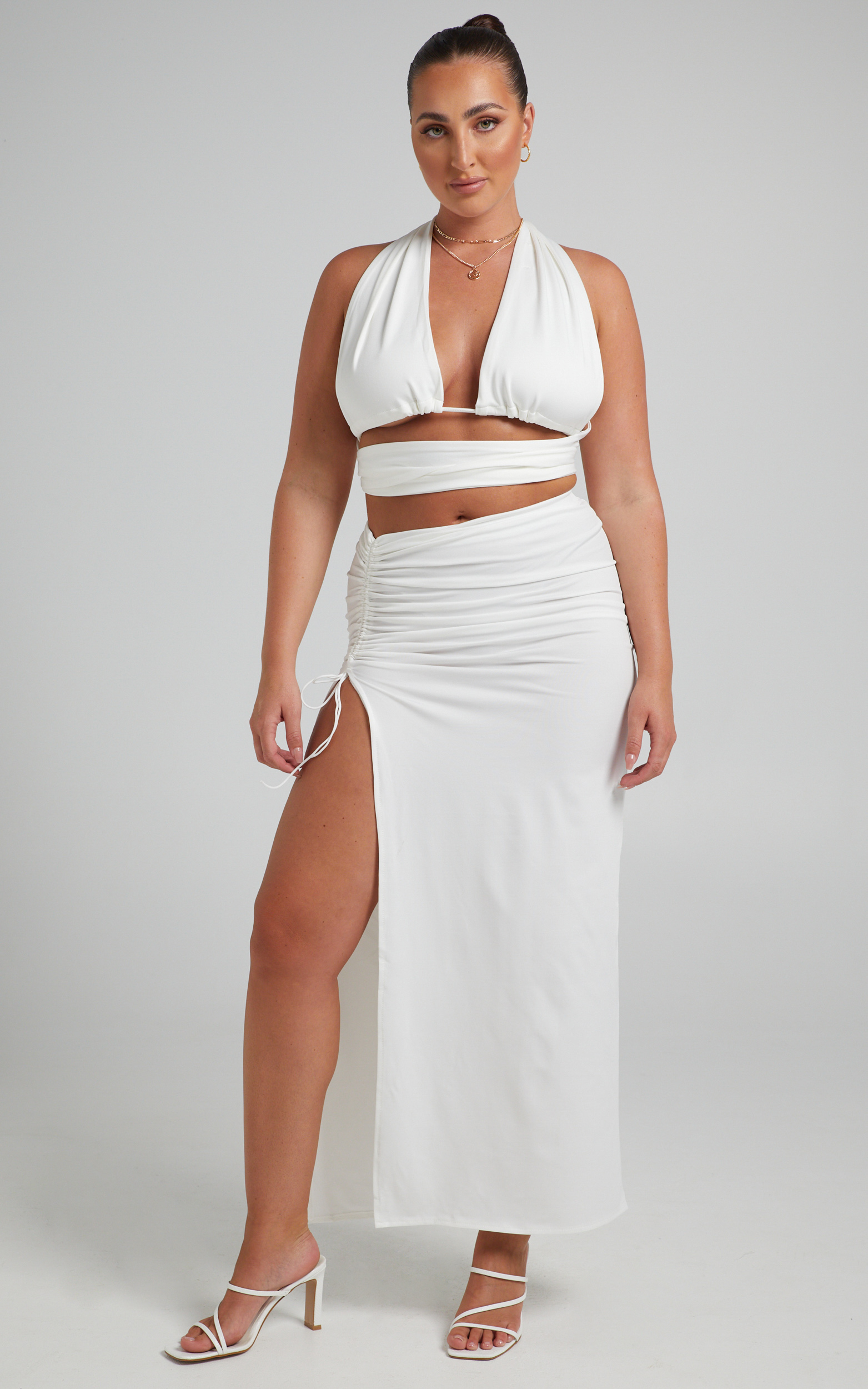 Vanessa Slinky Ruched Two Piece Set in White - L, WHT3, hi-res image number null