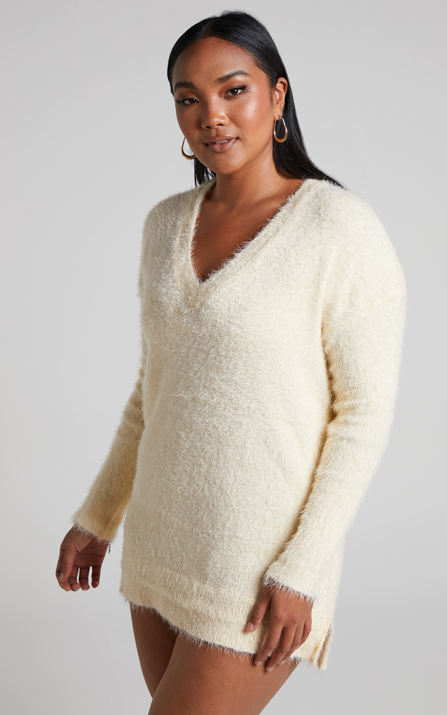 Ishani V Neck Sweater Dress in Cream - 04, CRE2, hi-res image number null
