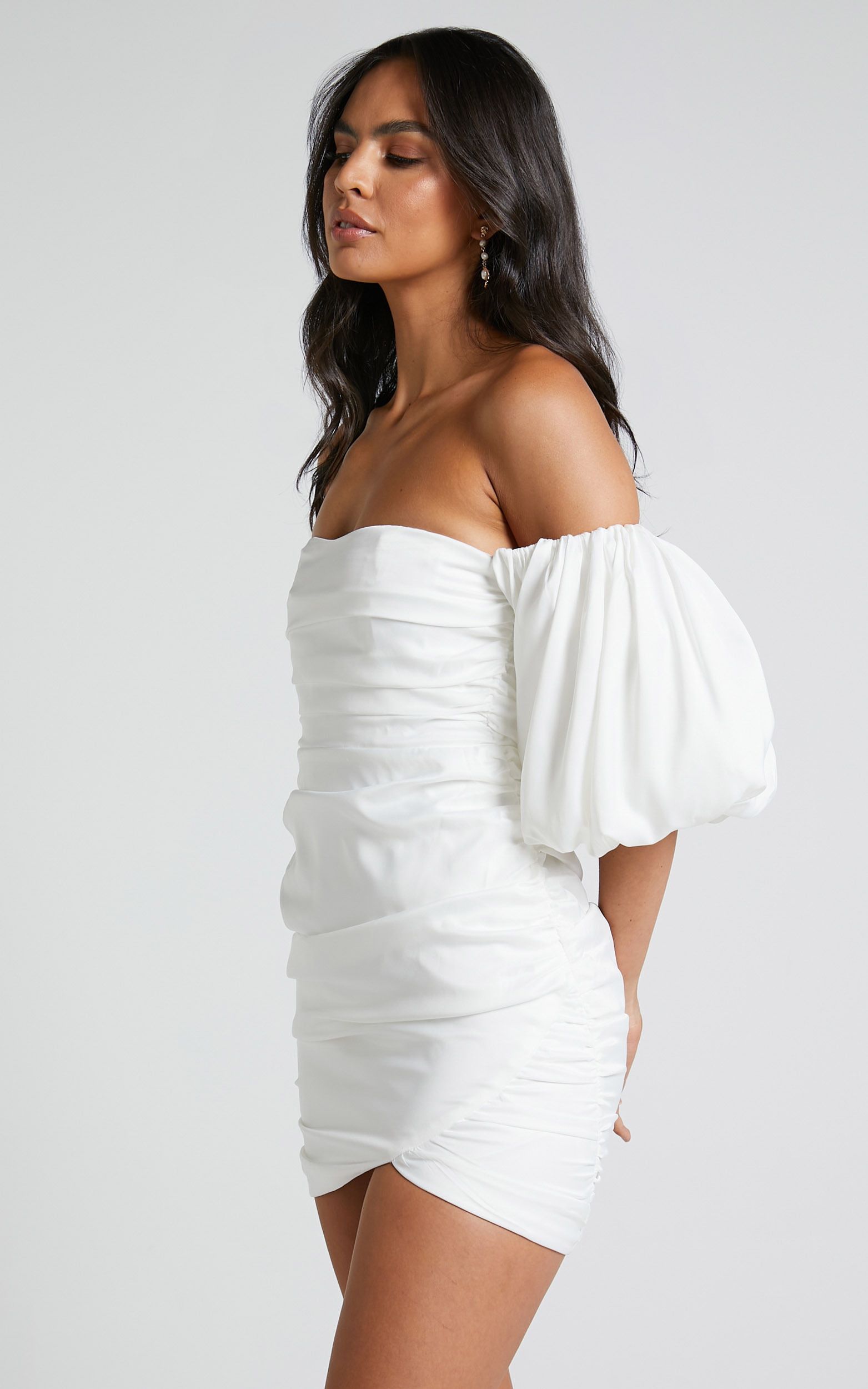 Betty Mini Dress - Off Shoulder Puff Sleeve Gathered Dress in White ...