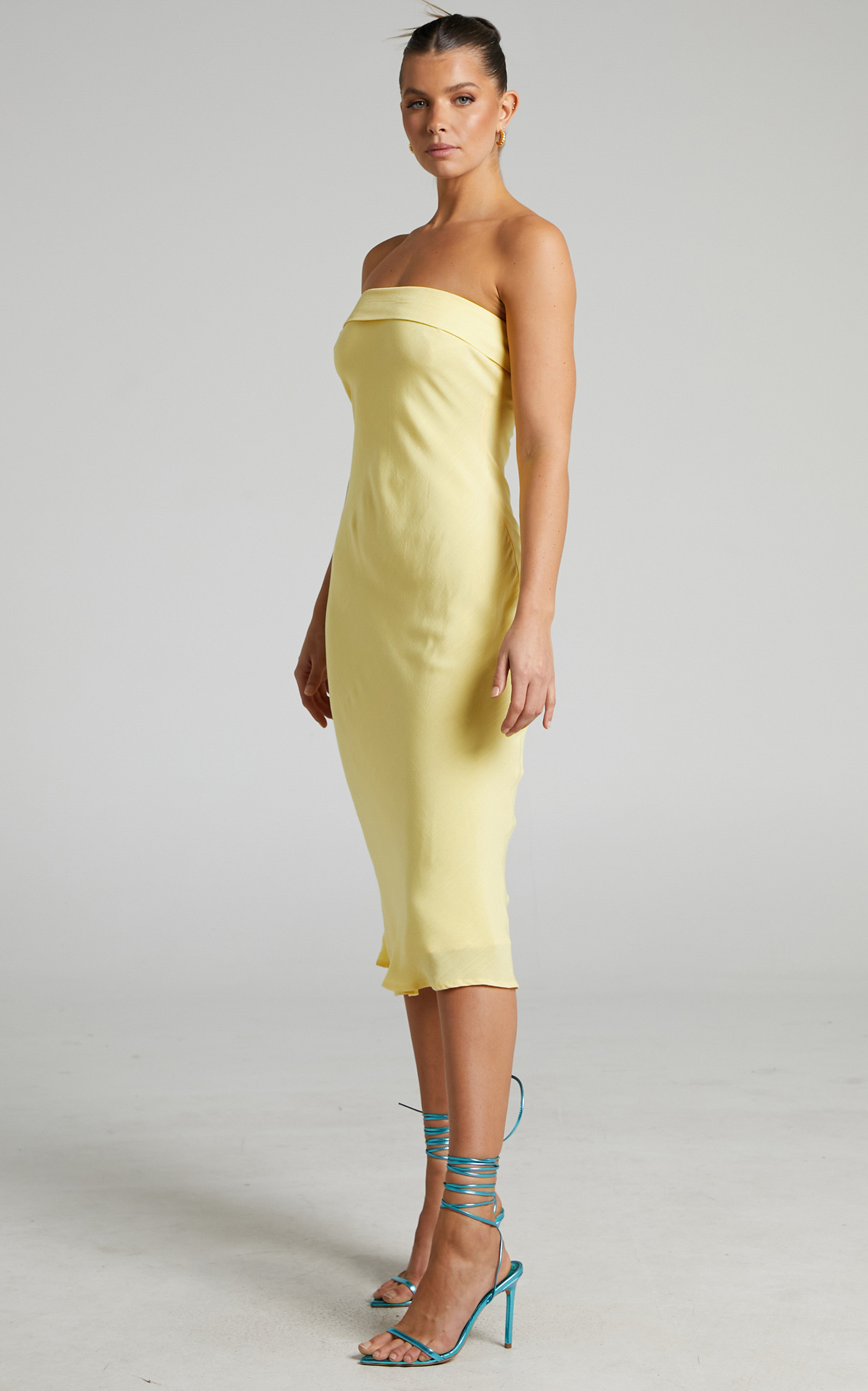 Runaway The Label - Leila Rayon Strapless Midi Dress in Lemon - XS, YEL1, hi-res image number null