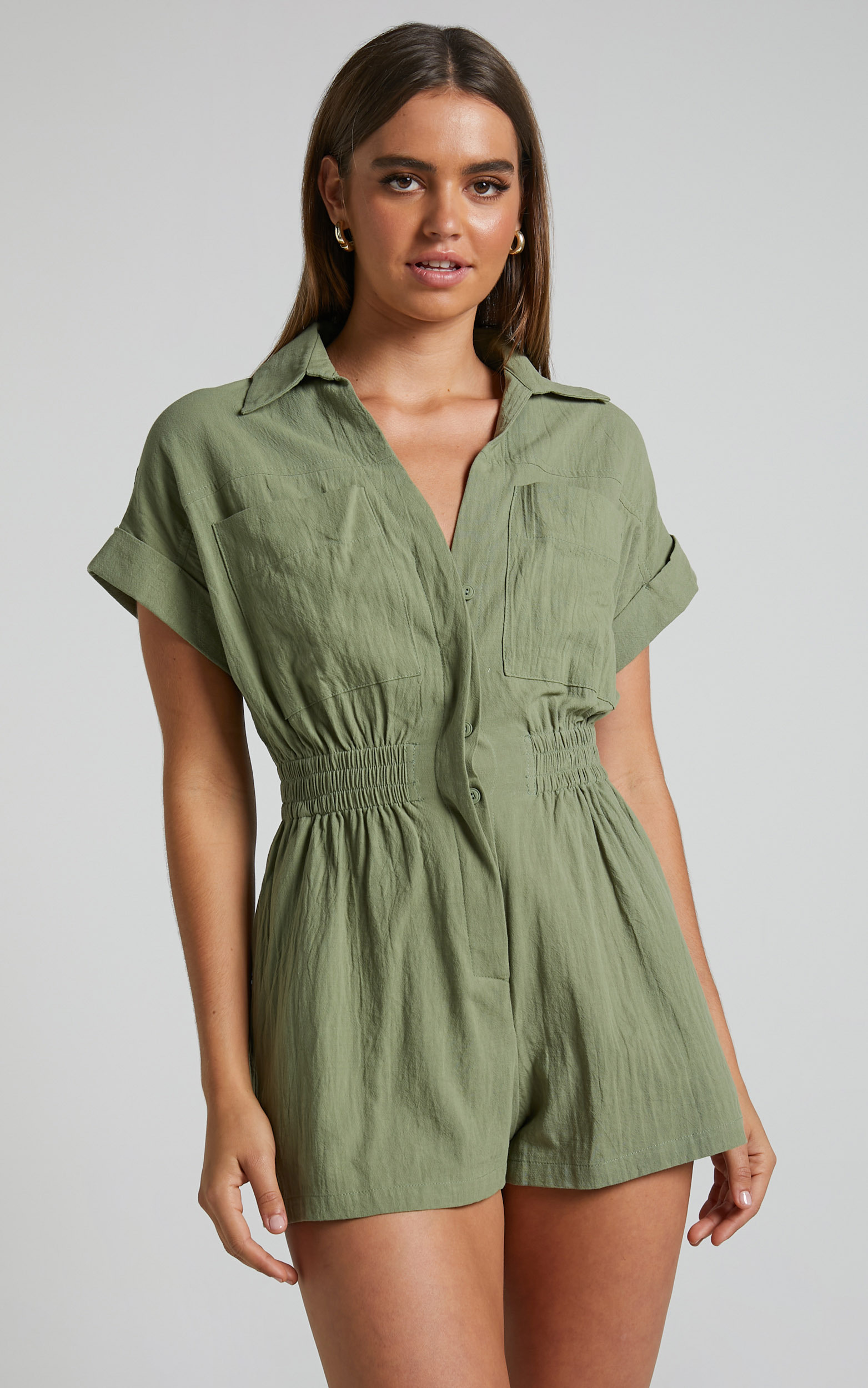 Daralyn Collared Button Down Utility Playsuit in Khaki - 04, GRN1, hi-res image number null