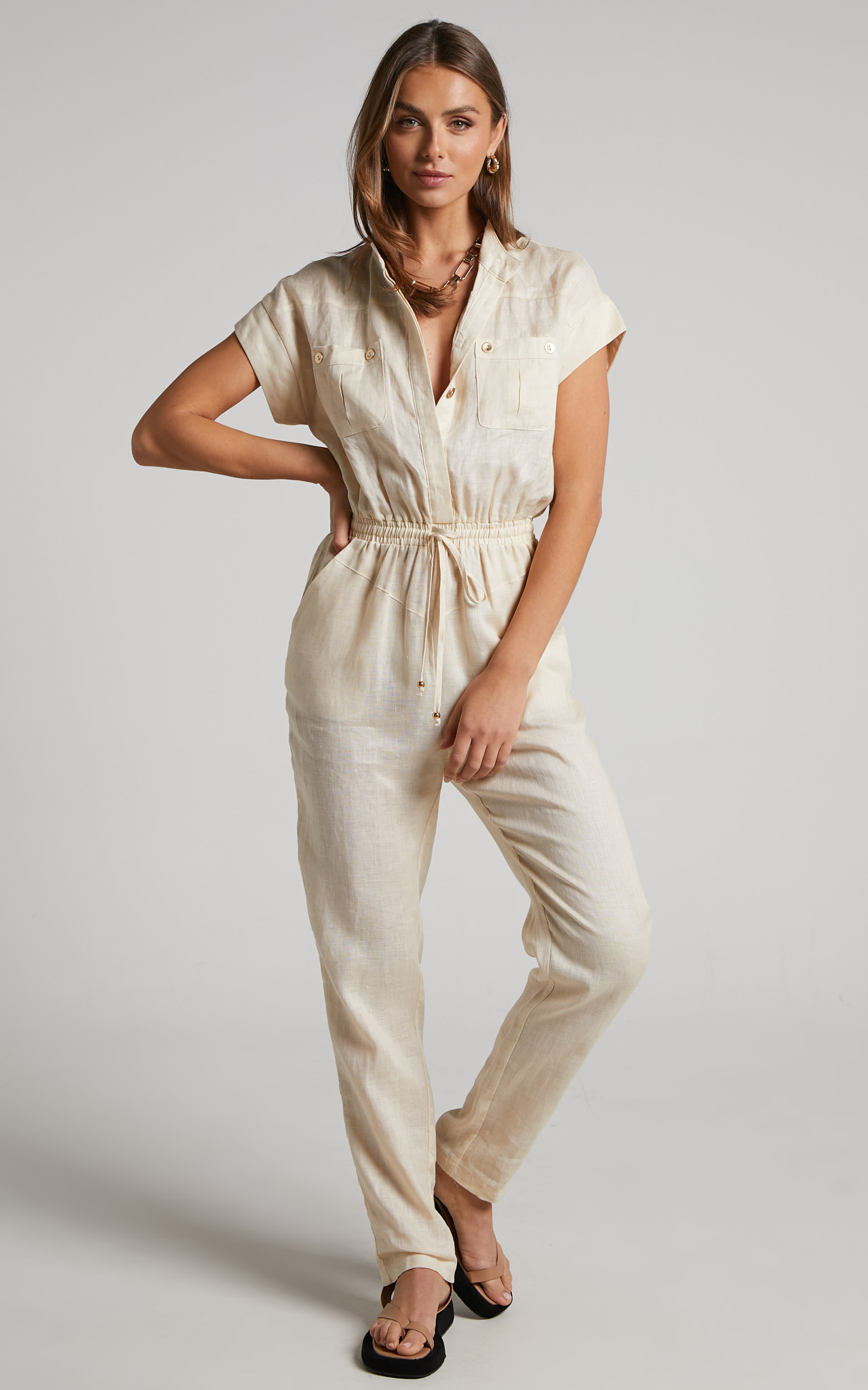 Amalie The Label - Lucia linen cap sleeve jumpsuit in Oat - 04, NEU1, hi-res image number null