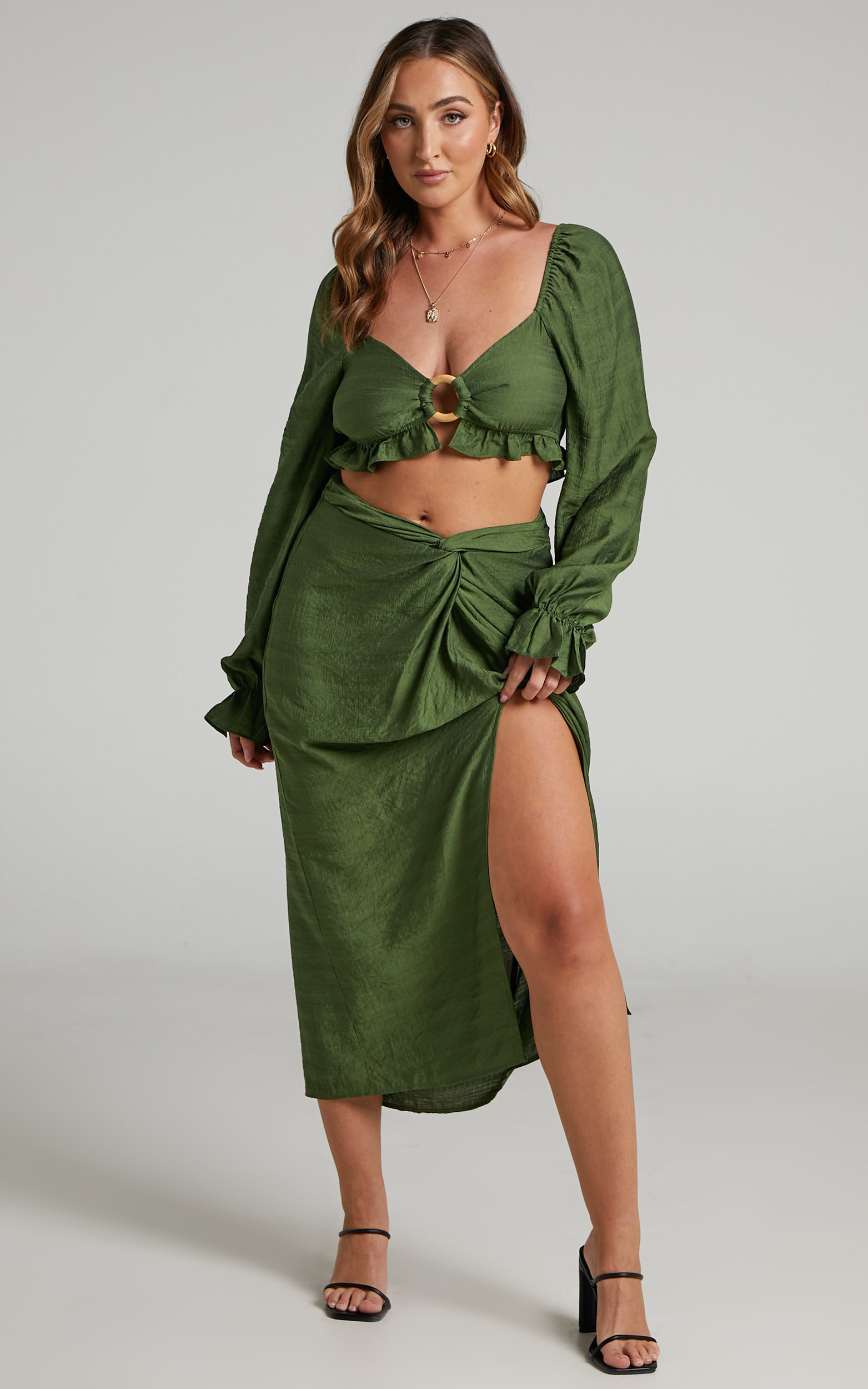 Andalyn Two Piece Knot Front Skirt Set in Olive - 06, GRN1, hi-res image number null