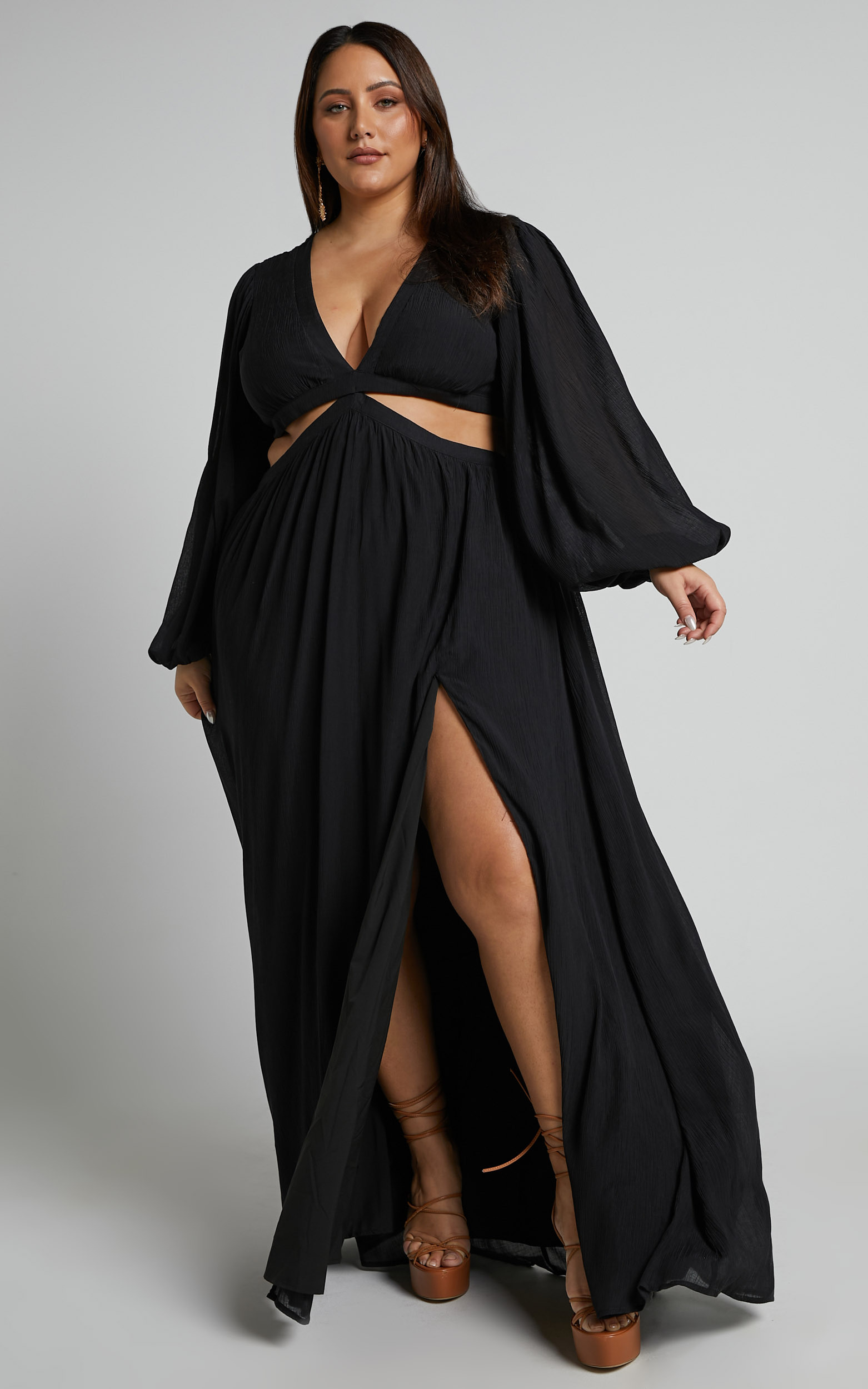 Paige Maxi Dress - Side Cut Out Balloon Sleeve Dress in Black | Showpo USA