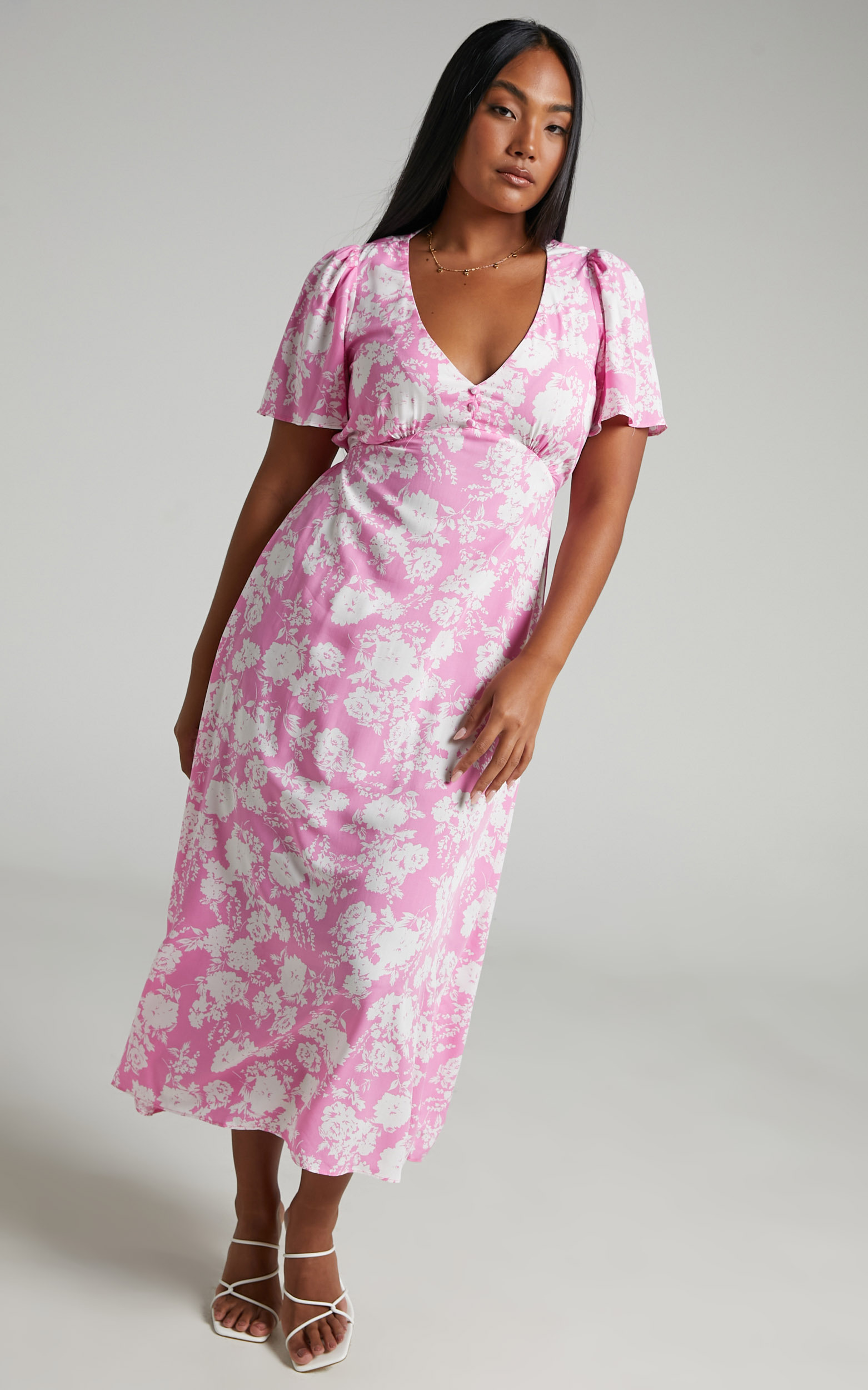 Ranella Button Front Midi Dress in Pink Floral - 06, PNK1, hi-res image number null