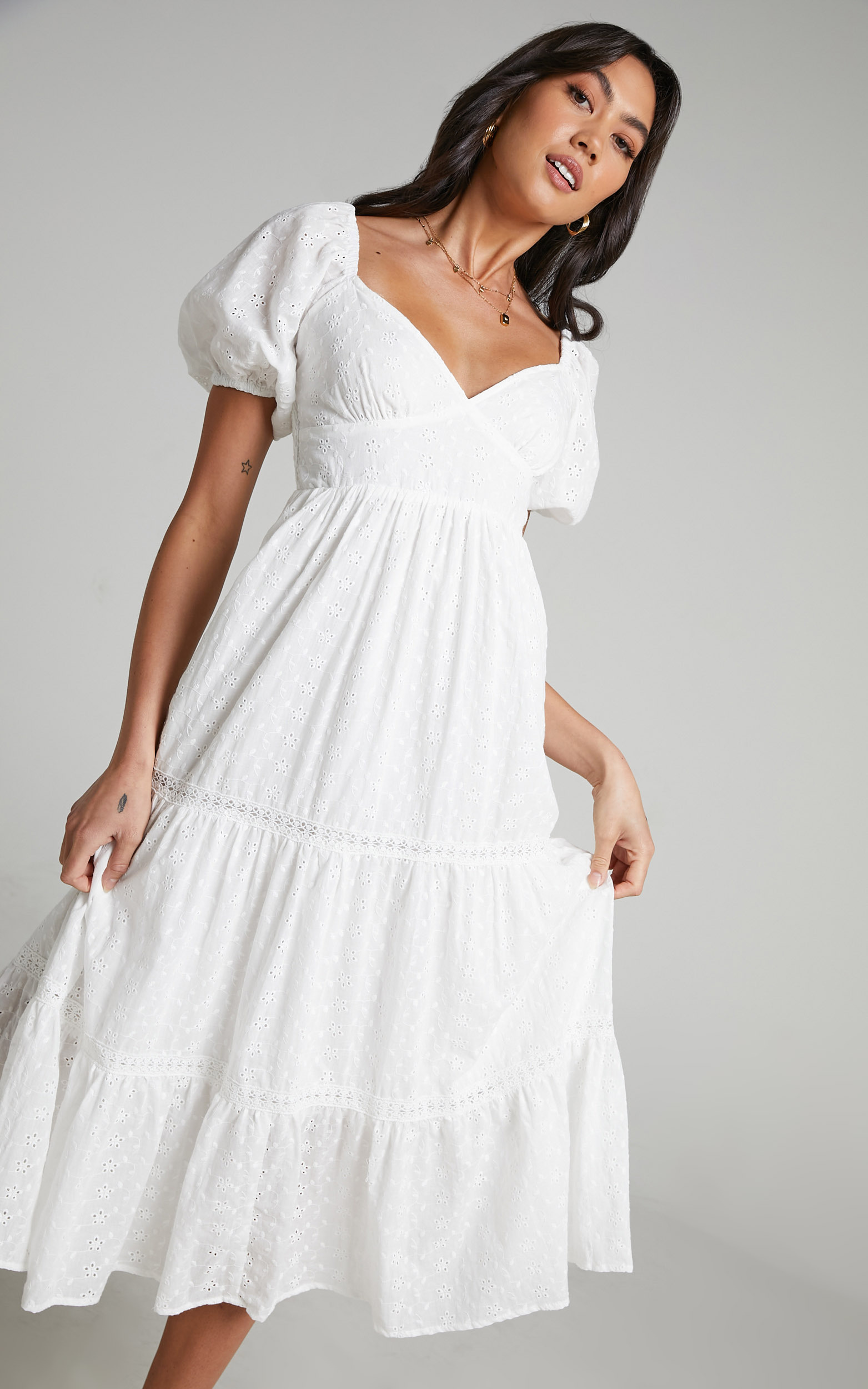 Yanny puff Sleeve Midi Dress with Shirred bust in White - 04, WHT1, hi-res image number null