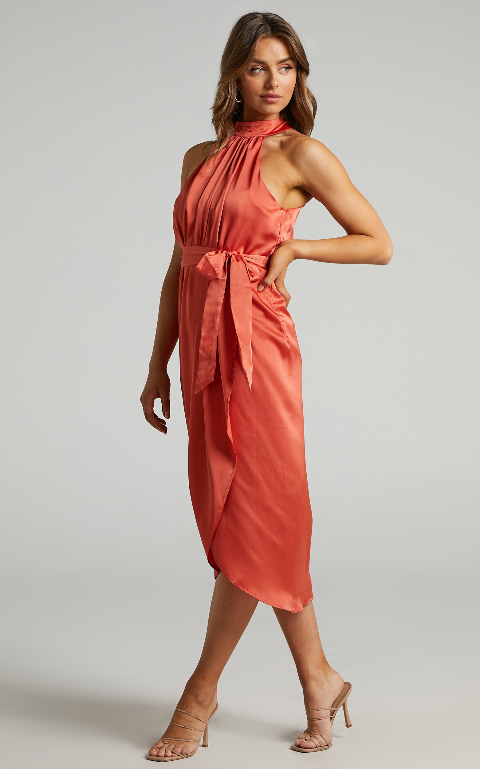 Montreal Midi Dress with High Neckline in Rust Satin - 06, BRN1, hi-res image number null