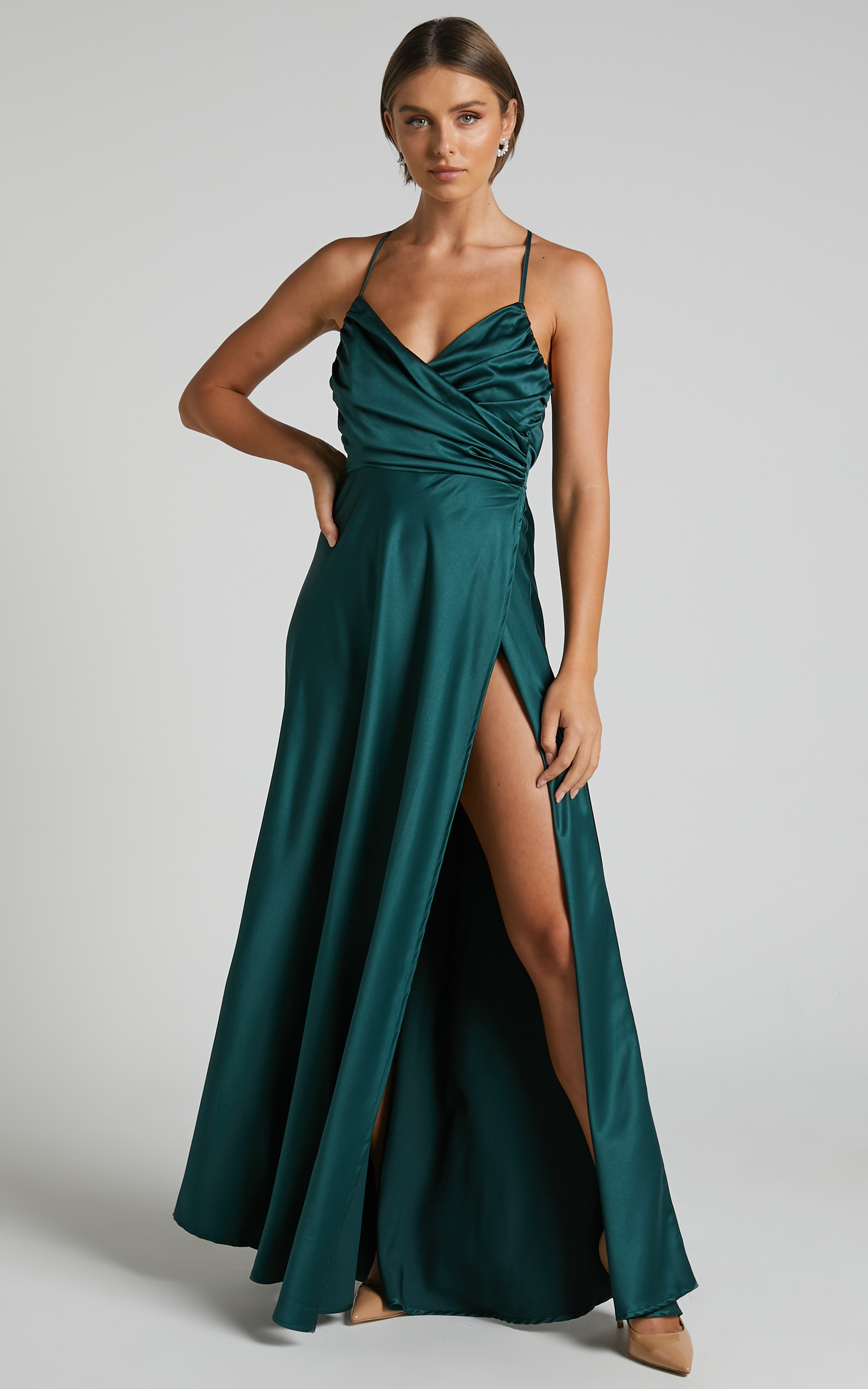 Chastine Maxi Dress - Ruched Bodice Front Satin Ball Gown in Emerald ...