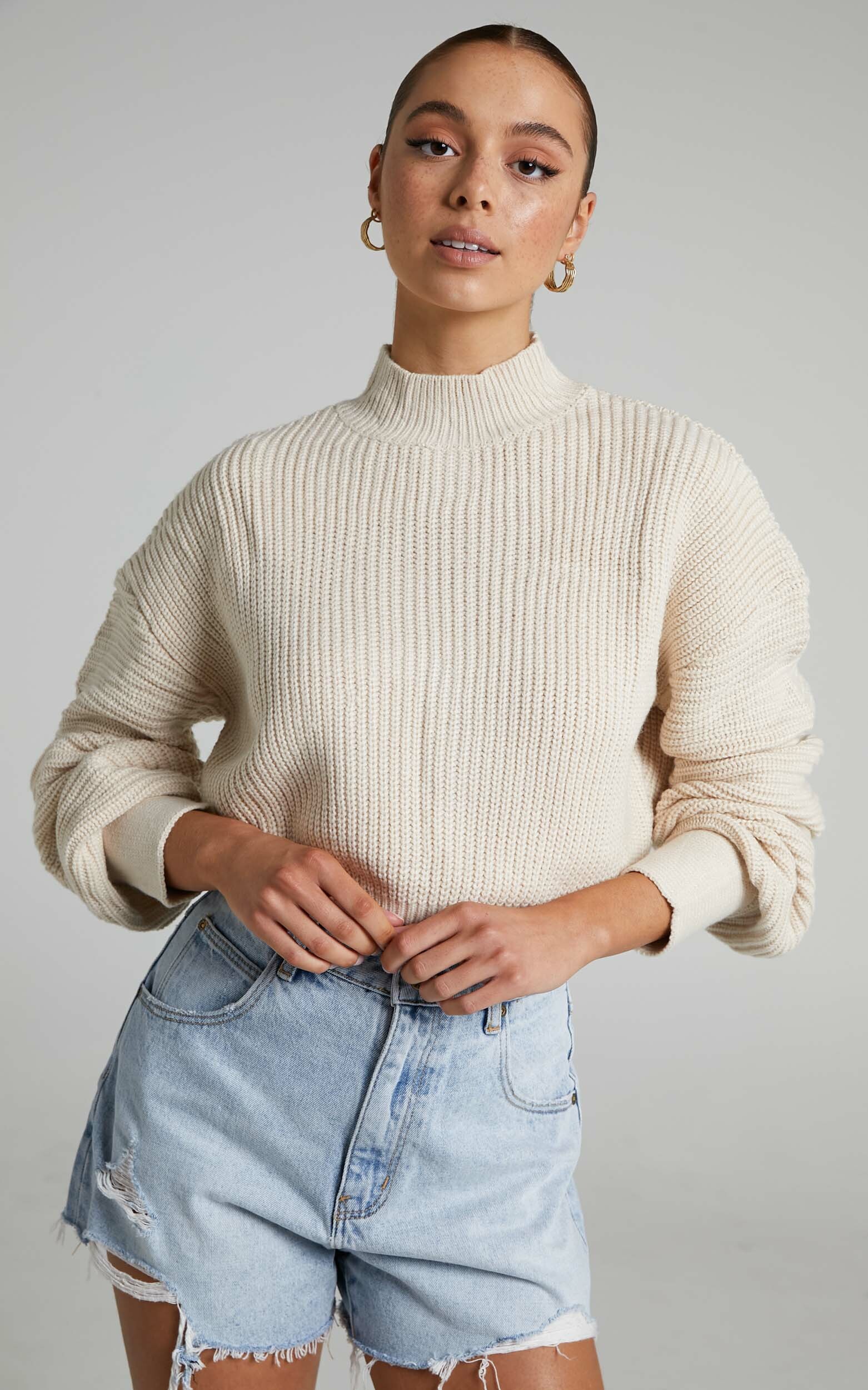 Valerie High Neck Balloon Sleeve Knit Jumper in Cream - 04, CRE1, hi-res image number null
