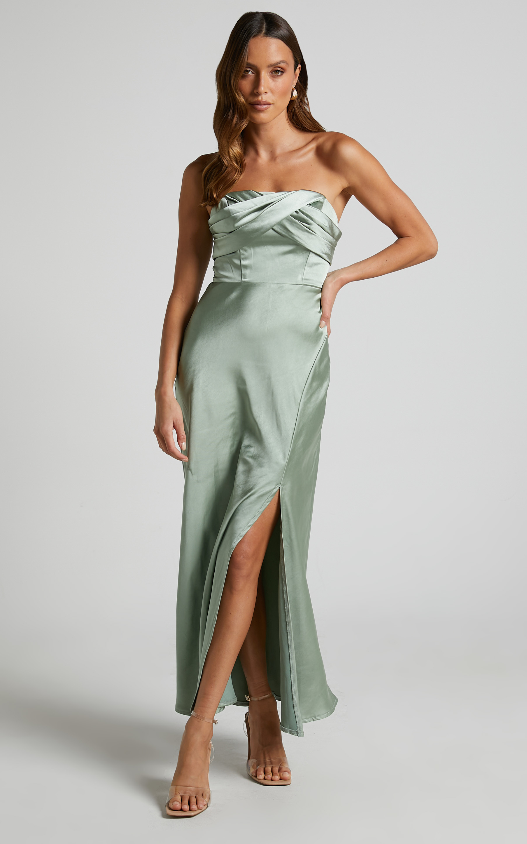 Karriel Maxi Dress - Strapless Satin Maxi Dress in Sage Green | Showpo USA