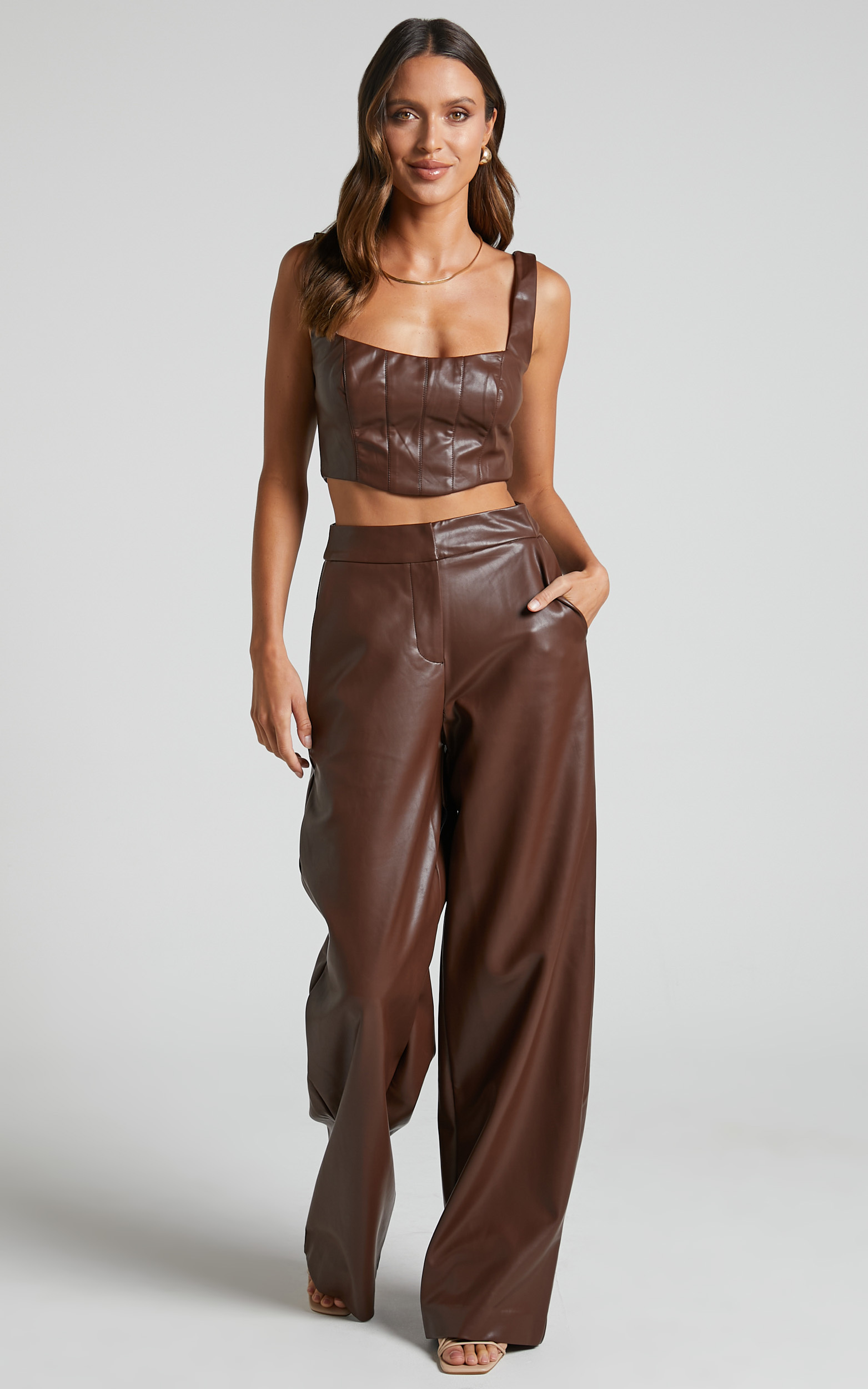 Minx - High Waisted Faux Leather Wide Leg Trousers in Chocolate - 04, BRN2, hi-res image number null