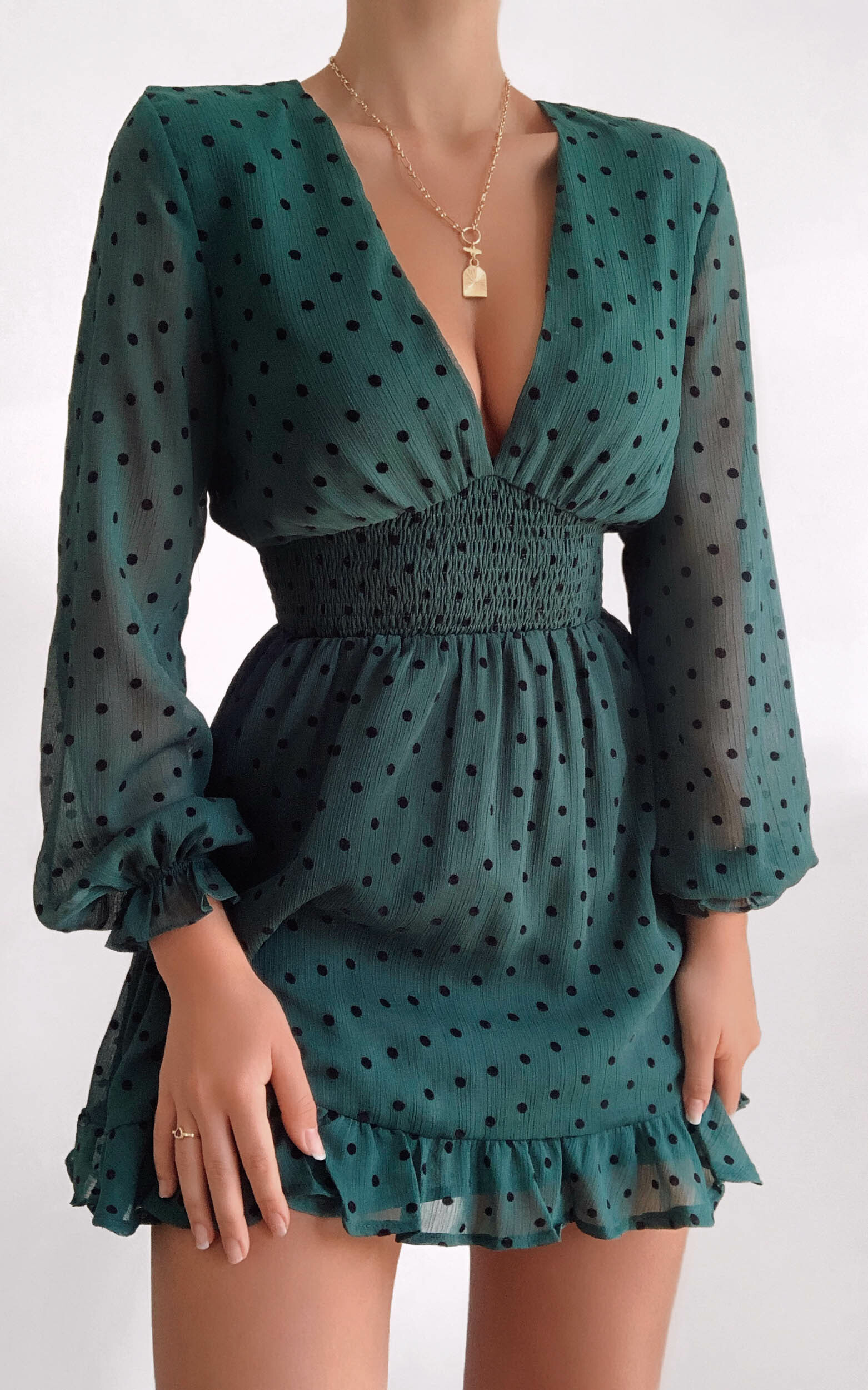 Pretty As You Long Sleeve Mini Dress in Emerald Spot - 04, GRN2, hi-res image number null