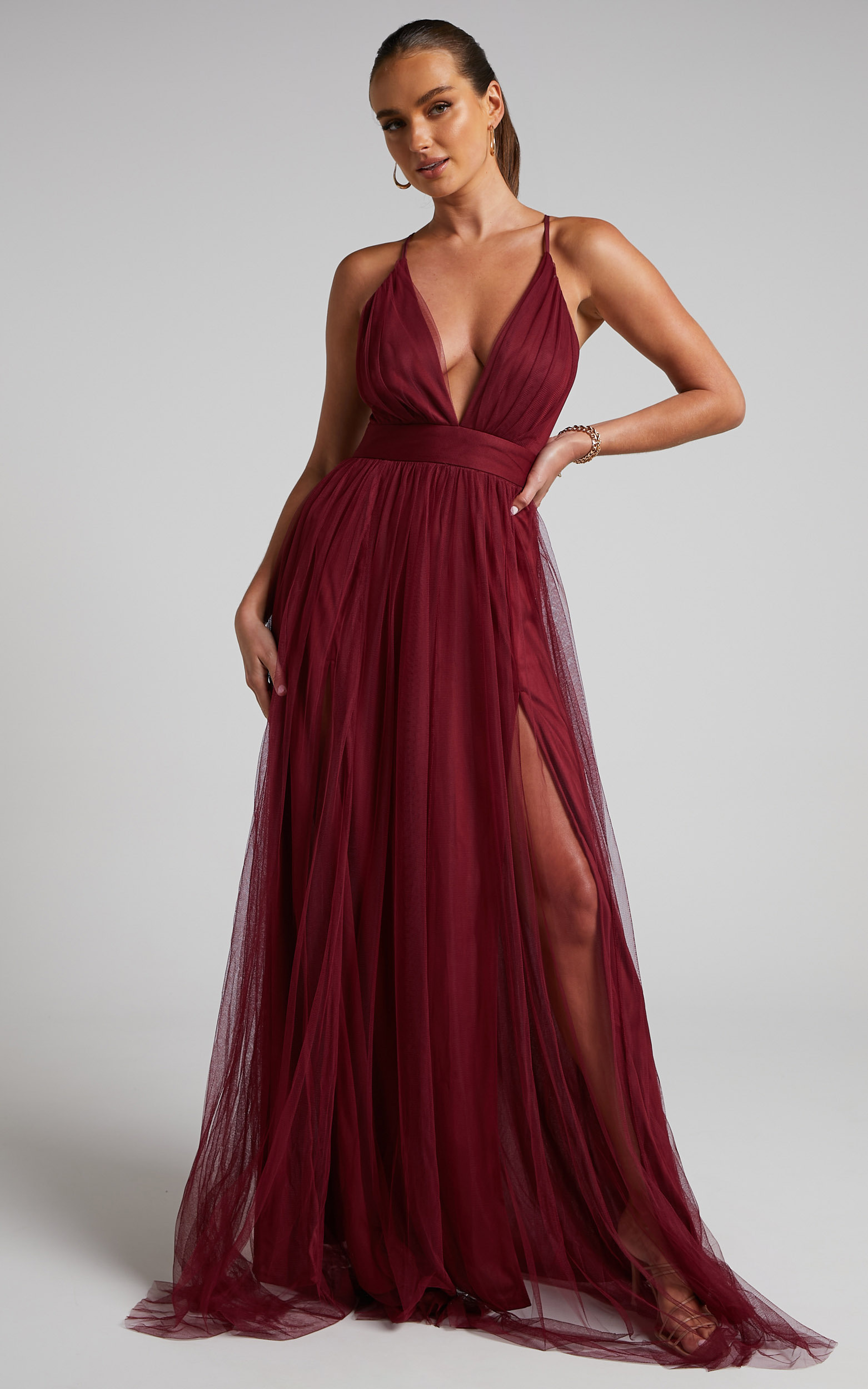 Celebrate Tonight Maxi Dress - Plunge Neck Tulle Dress in Wine - L, WNE3, hi-res image number null