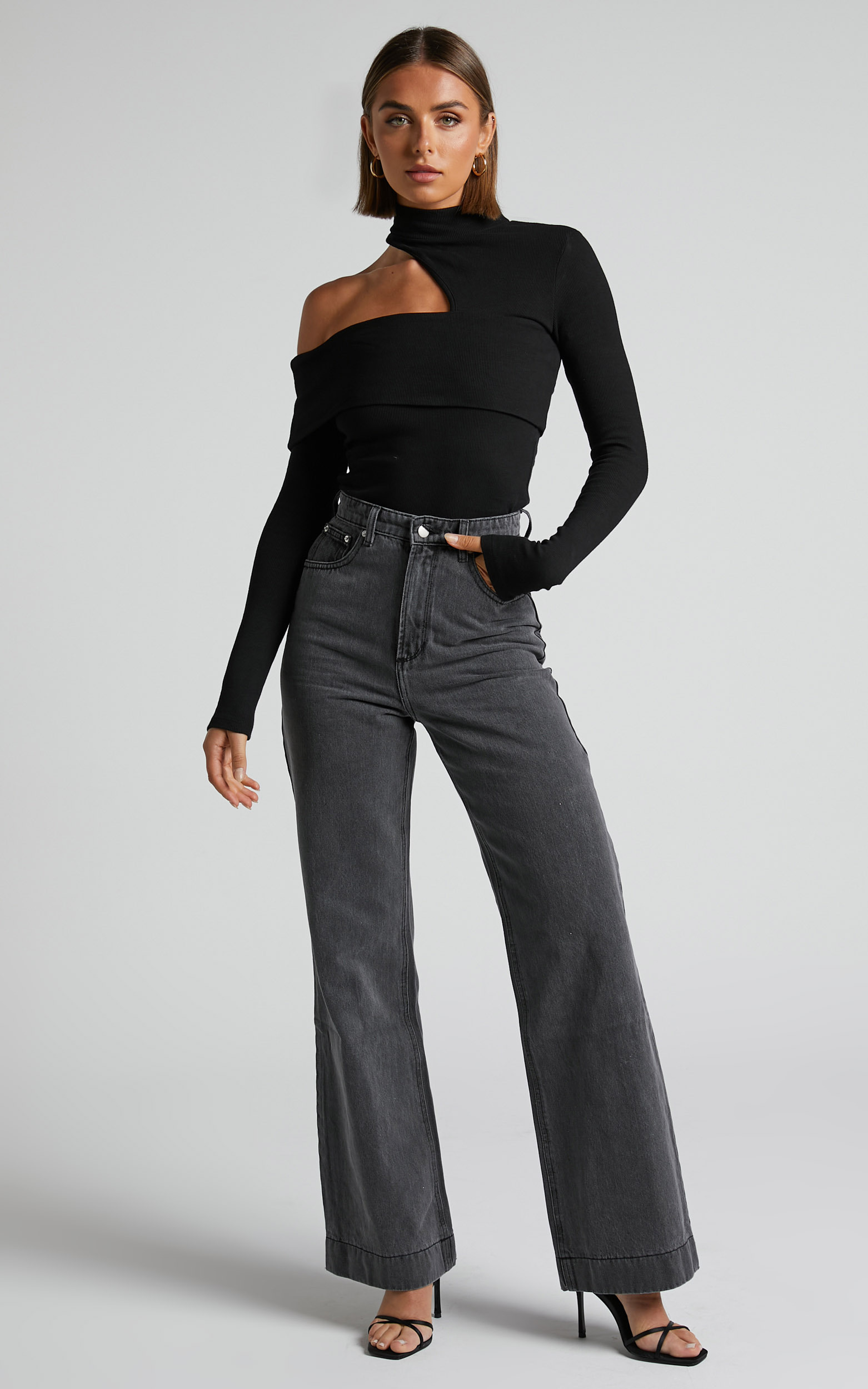 Emman High Waisted Recycled Cotton Wide Leg Jeans in Washed Black - 04, BLK1, hi-res image number null