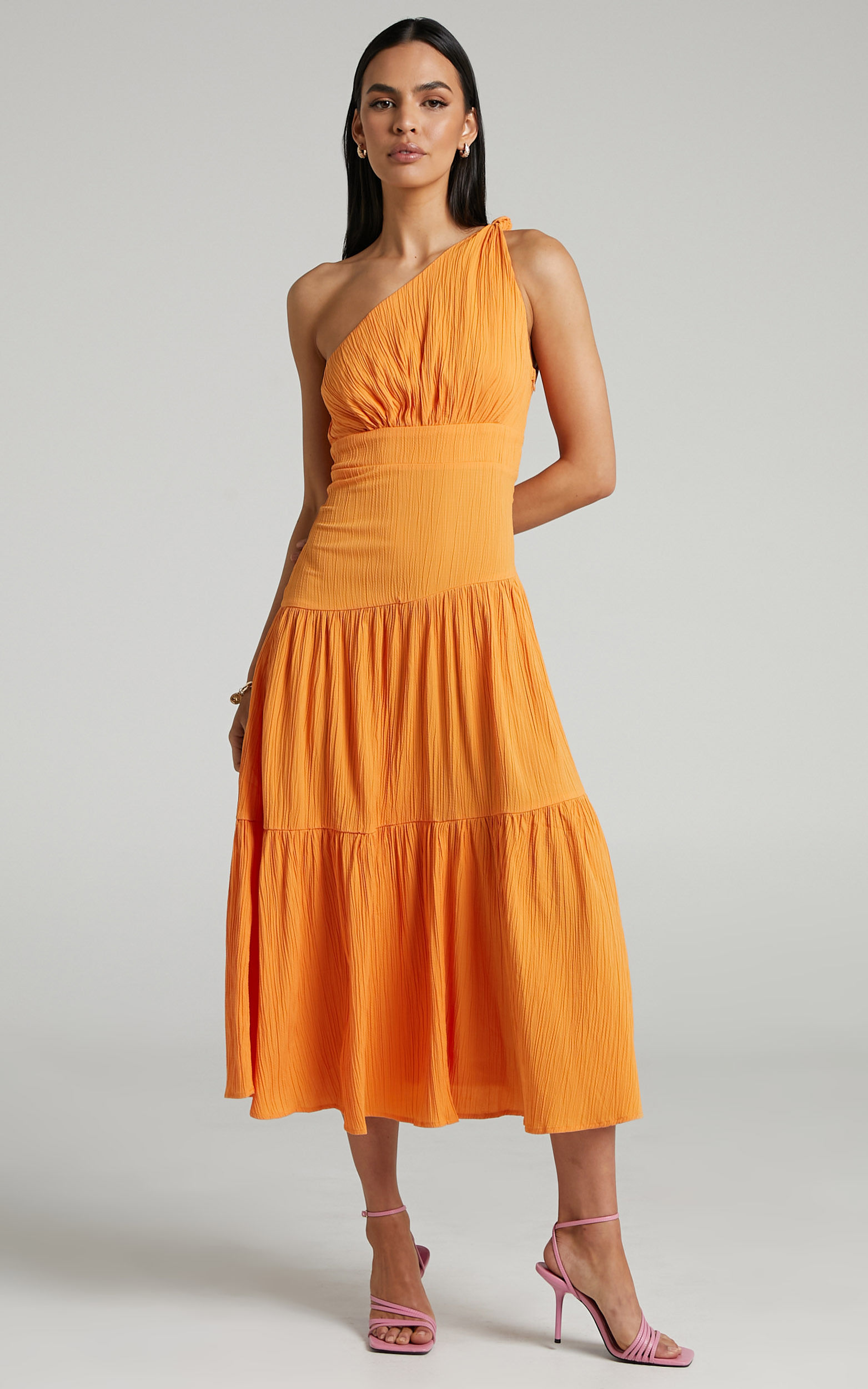 Celestia Midi Dress - Tiered One Shoulder Dress in Mango - 06, ORG1, hi-res image number null