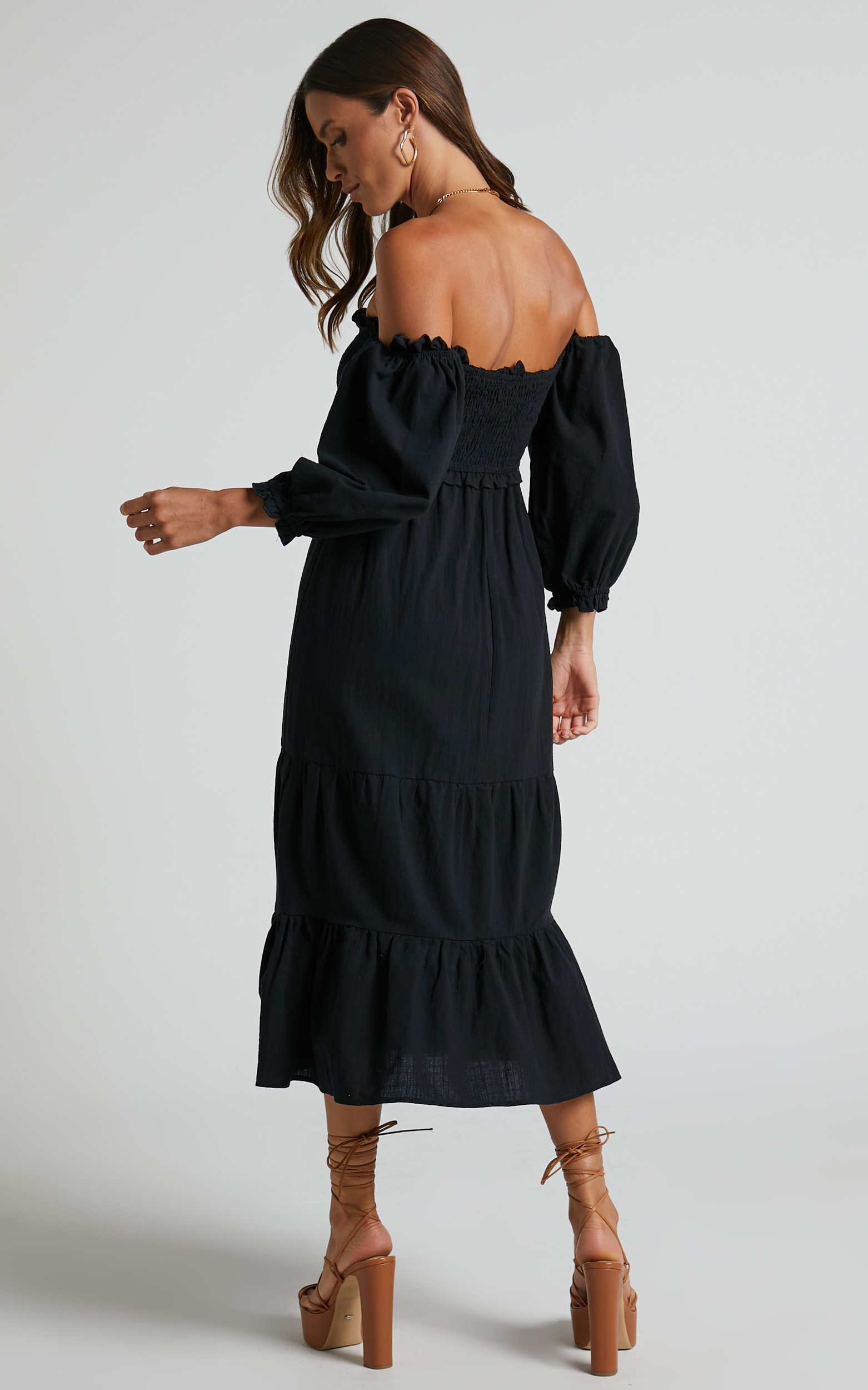 Nikka Midi Dress - Shirred Off Shoulder Puff Sleeve Dress in Black | Showpo