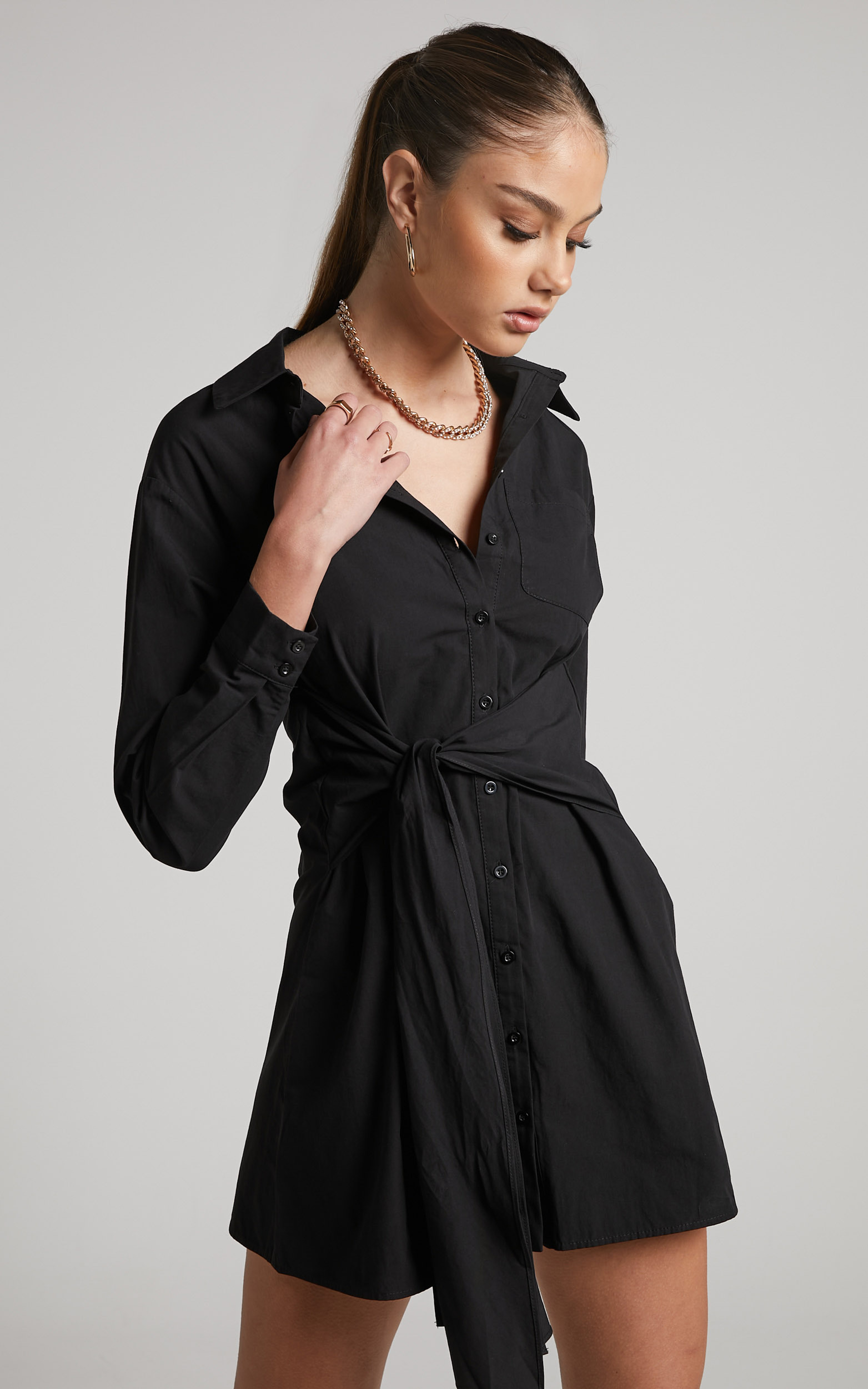 Macie Mini Dress - Tie Front Shirt Dress in Black - 04, BLK1, hi-res image number null