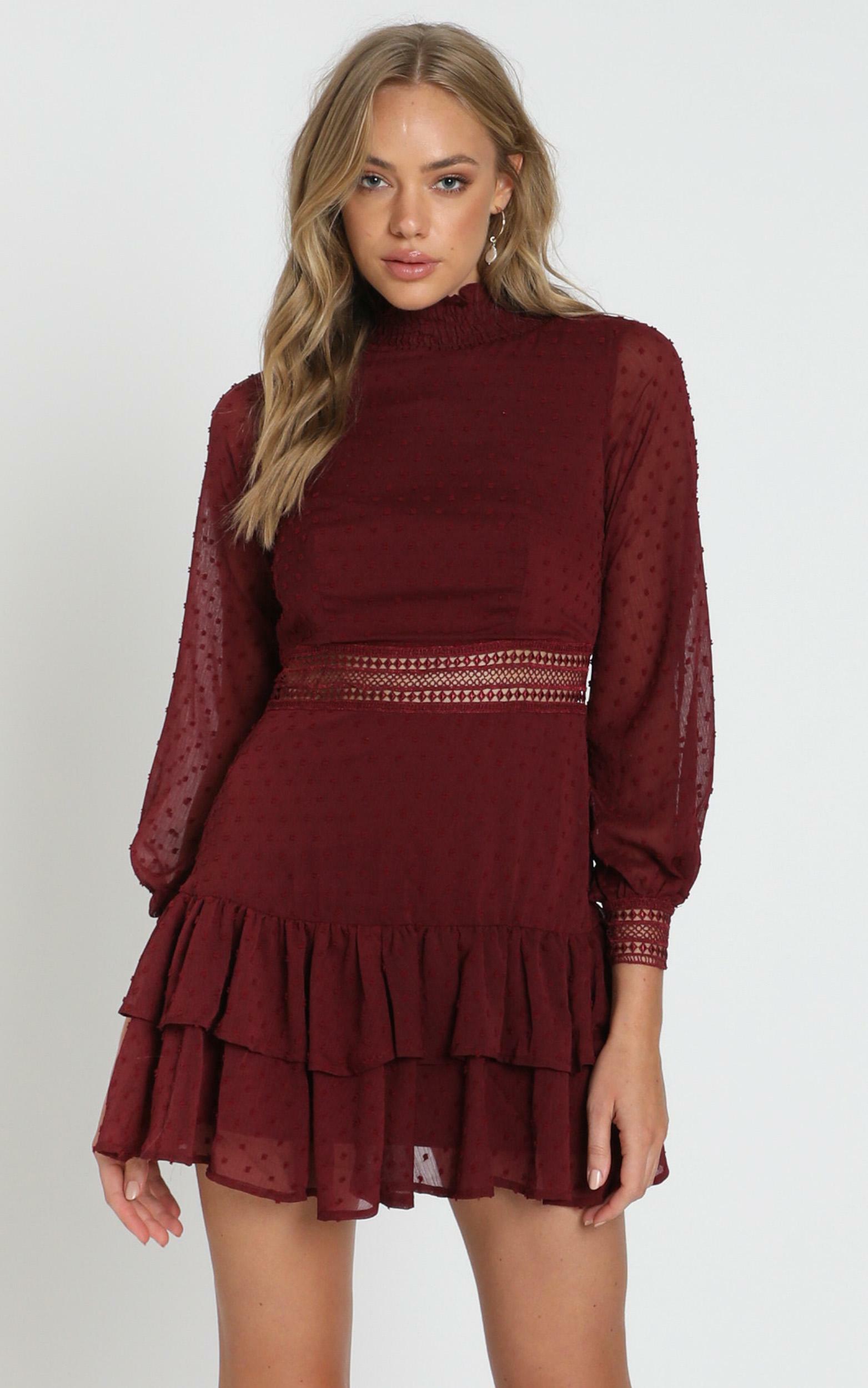 Are You Gonna Kiss Me Long Sleeve Mini Dress in Wine - 20, WNE6, hi-res image number null