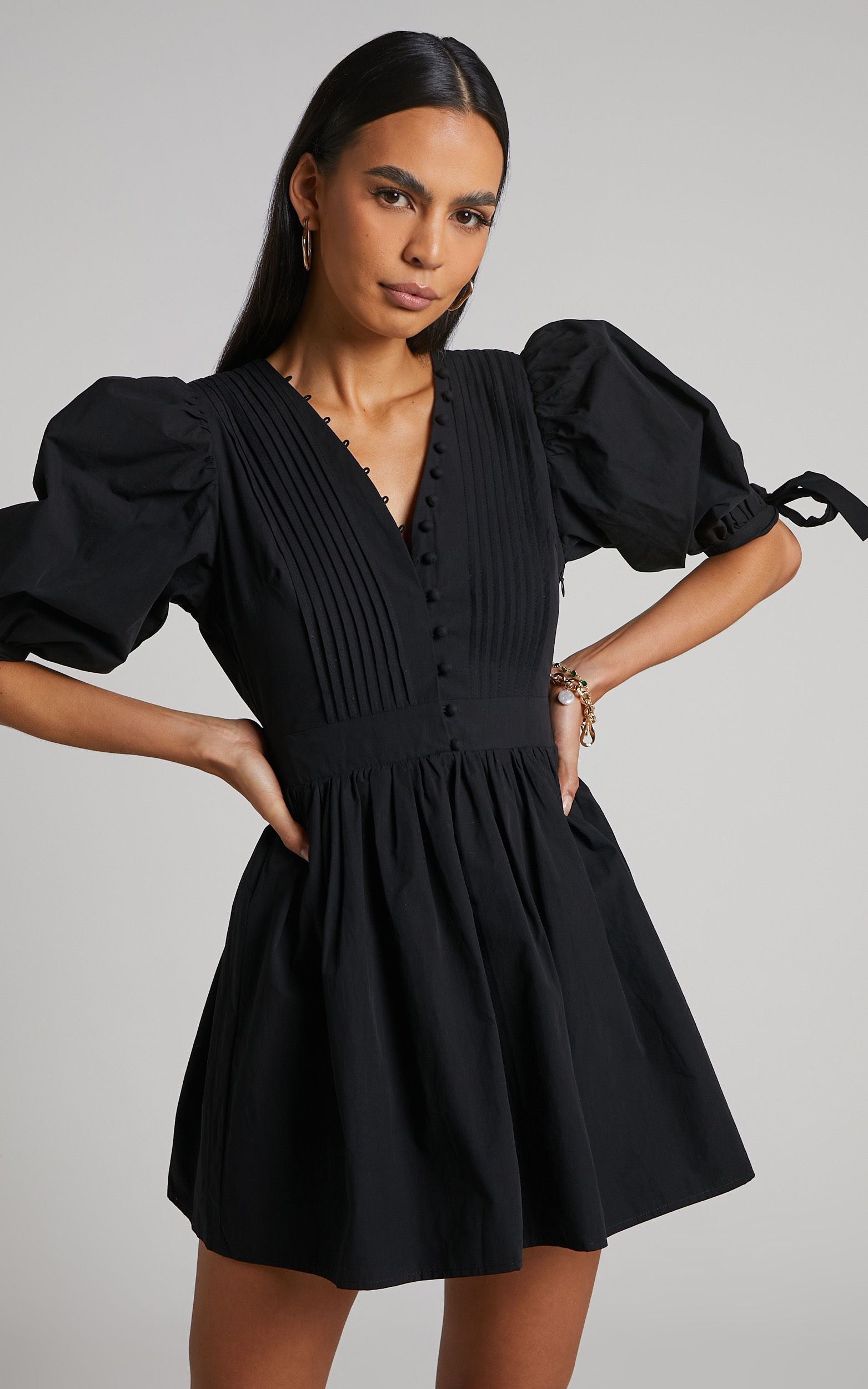 Zandra Puff Sleeve Poplin Mini Dress in Black - 06, BLK1, hi-res image number null