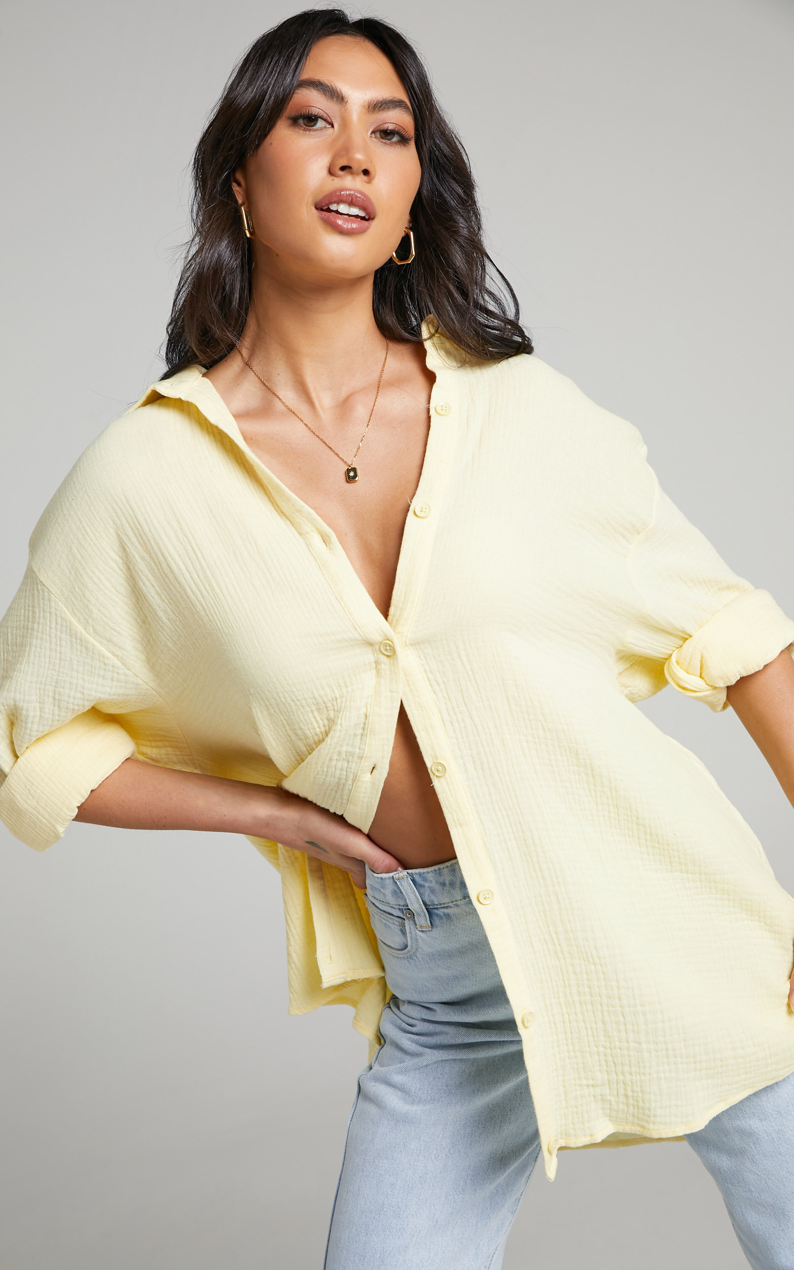 Yvaine Oversized Long Sleeve Button Up Shirt in Lemon - 06, YEL2, hi-res image number null