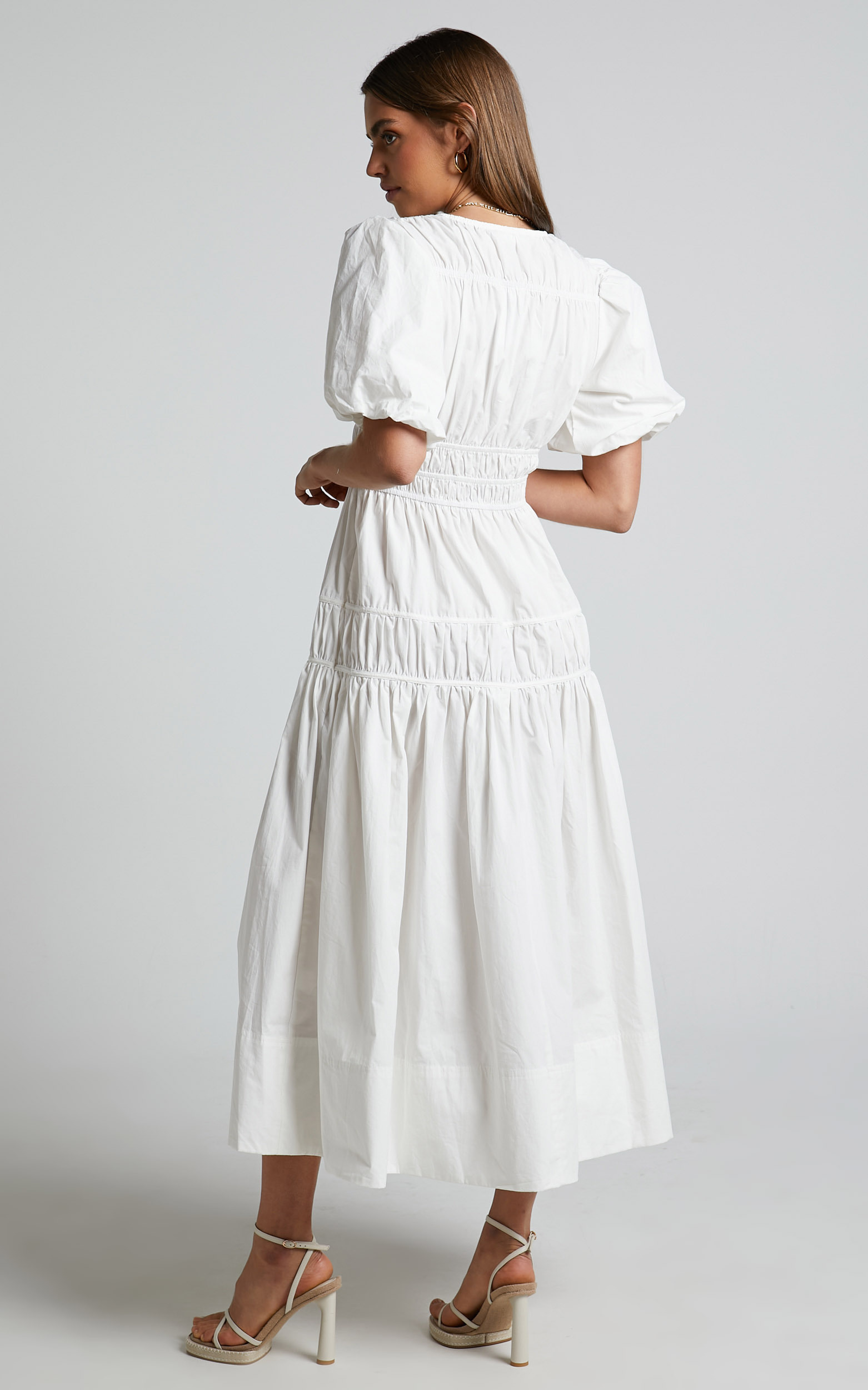 Mellie Midi Dress - Puff Sleeve Plunge Tiered Dress in White | Showpo USA
