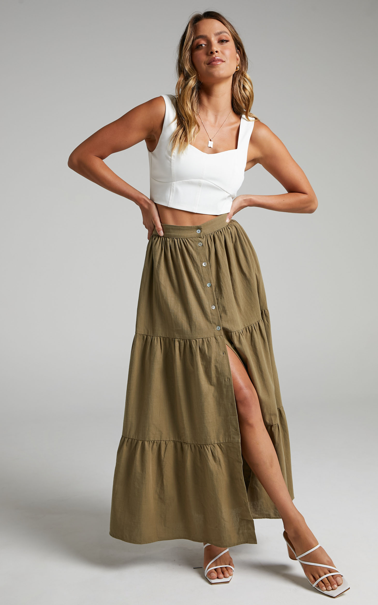 Arabella Tiered Button Front Maxi Skirt in Khaki - 06, GRN2, hi-res image number null
