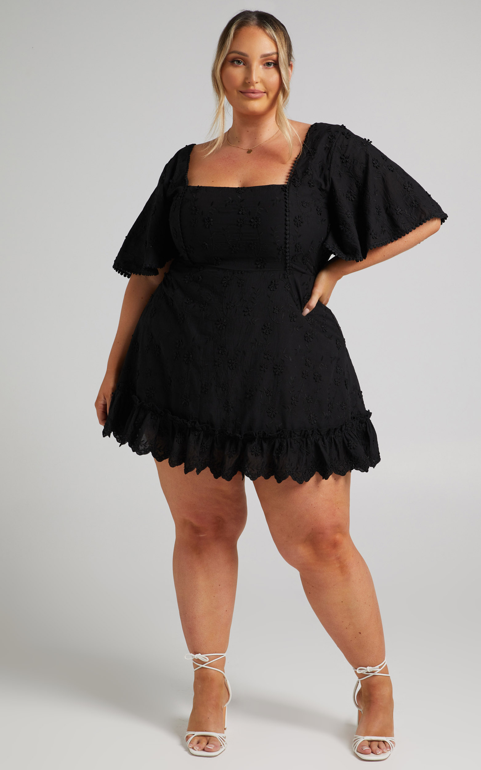 Fancy A Spritz Square Neck Mini Dress in Black Embroidery - 20, BLK1, hi-res image number null