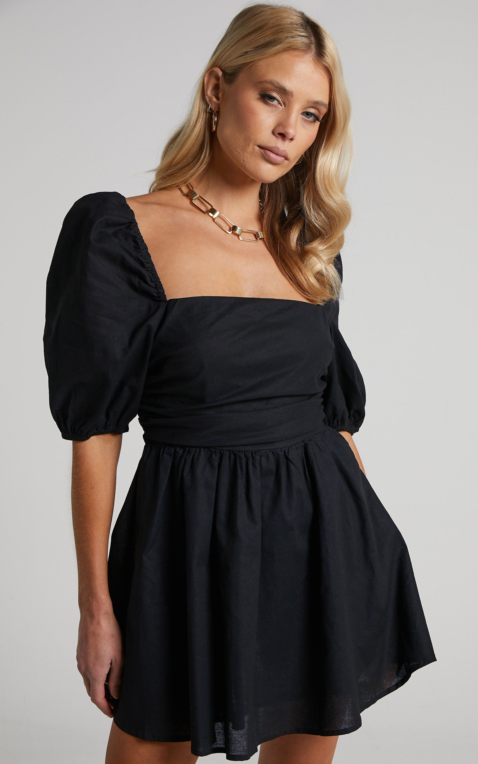 Claudina Mini Dress - Puff Sleeve Ruched Bodice Dress in Black | Showpo USA