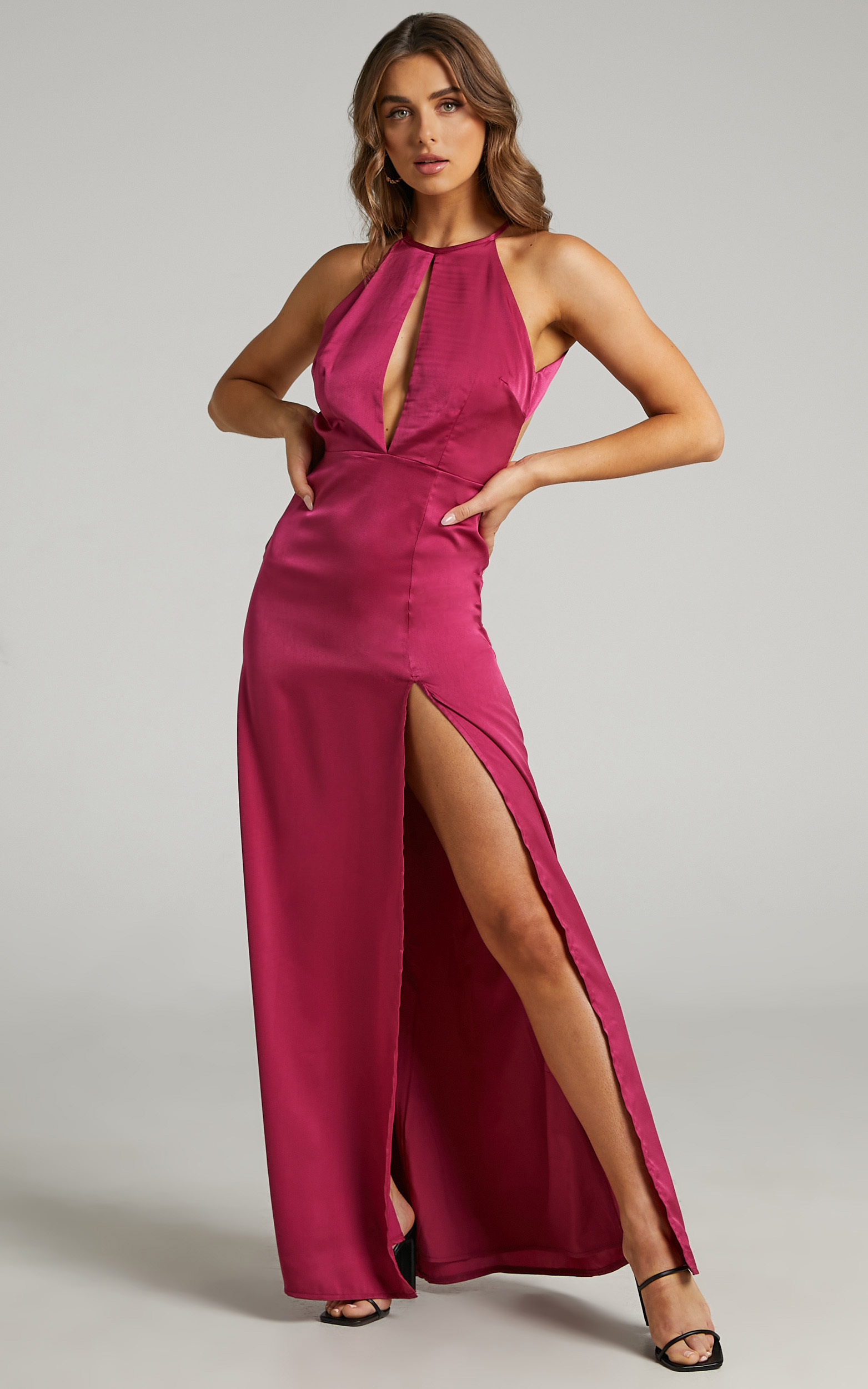 Lonni High Neck Cut Out Maxi Dress with Leg Split in Berry Satin - 06, PNK1, hi-res image number null