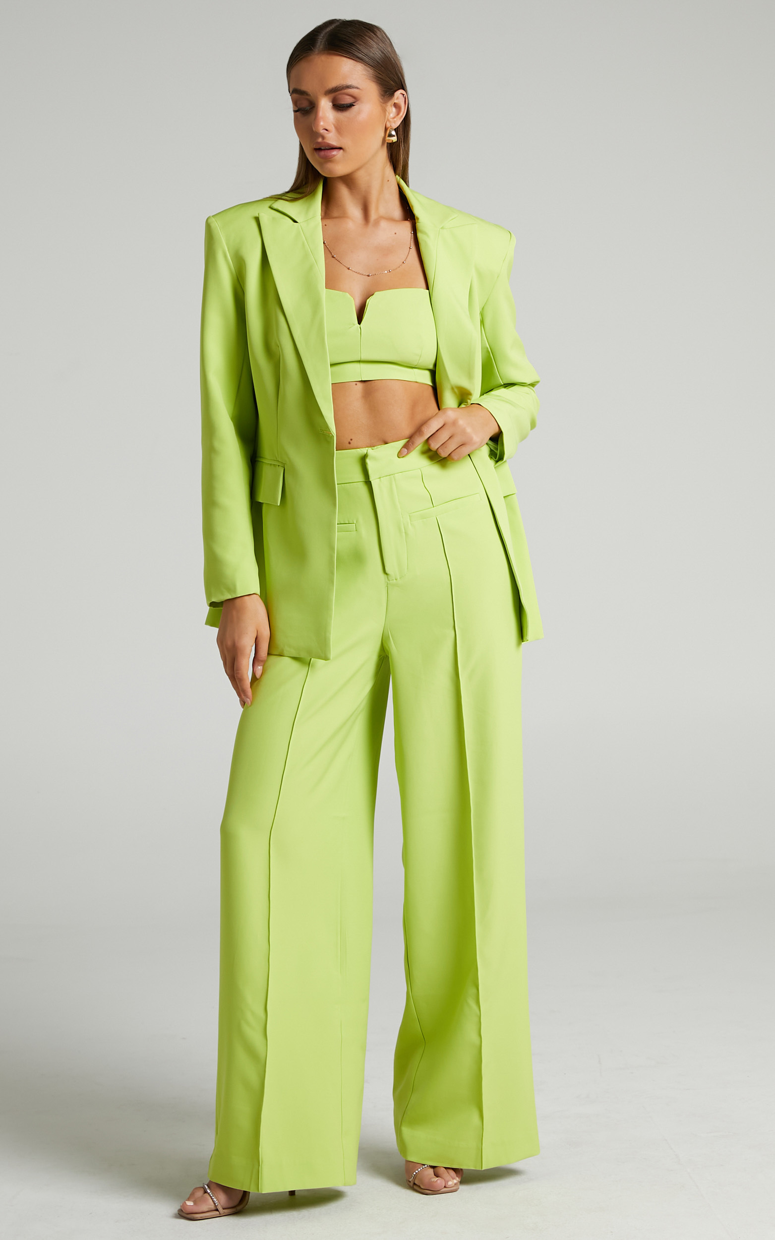 Maida V-Front Crop Top and Wide Leg Pants Two Piece Set in Lime - 06, GRN2, hi-res image number null