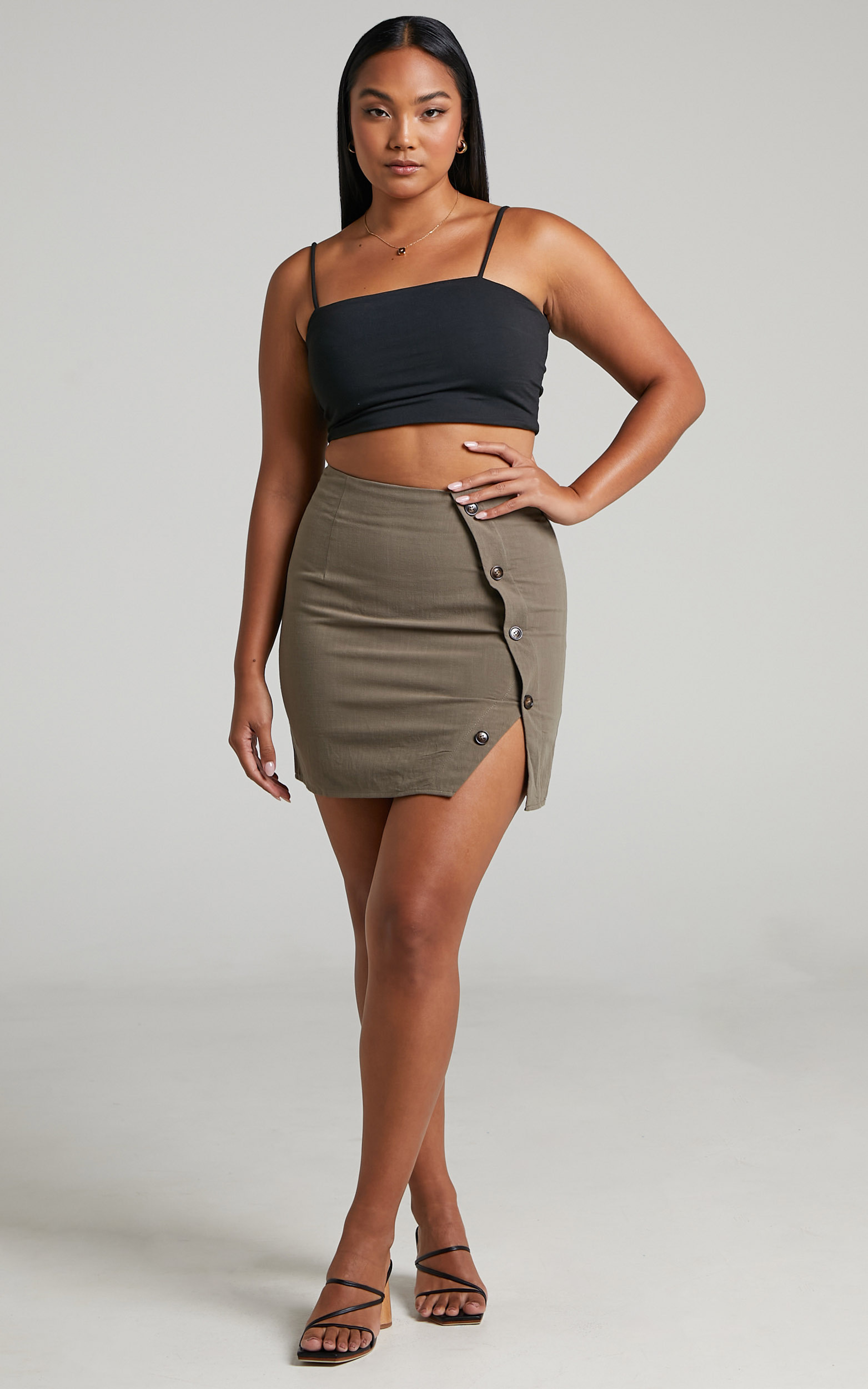 Melinda Button Detail Wrap Style Mini Skirt in Khaki - 06, GRN2, hi-res image number null