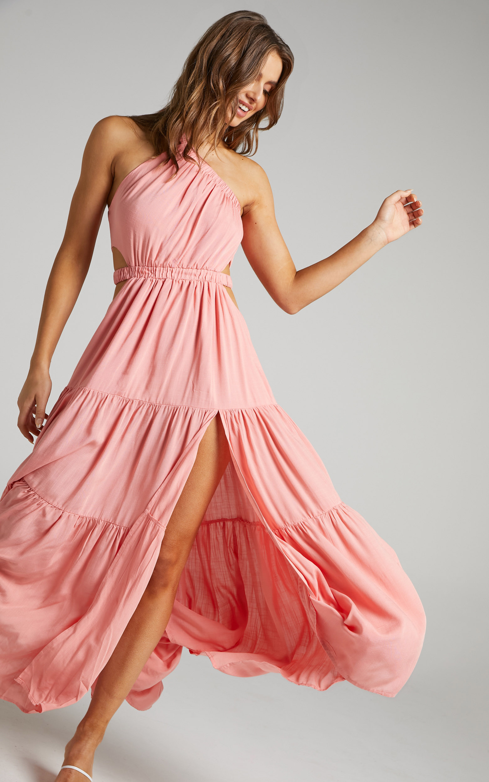 Ofhelia One Shoulder Cut Out Tiered Maxi Dress in Coral - 08, PNK1, hi-res image number null