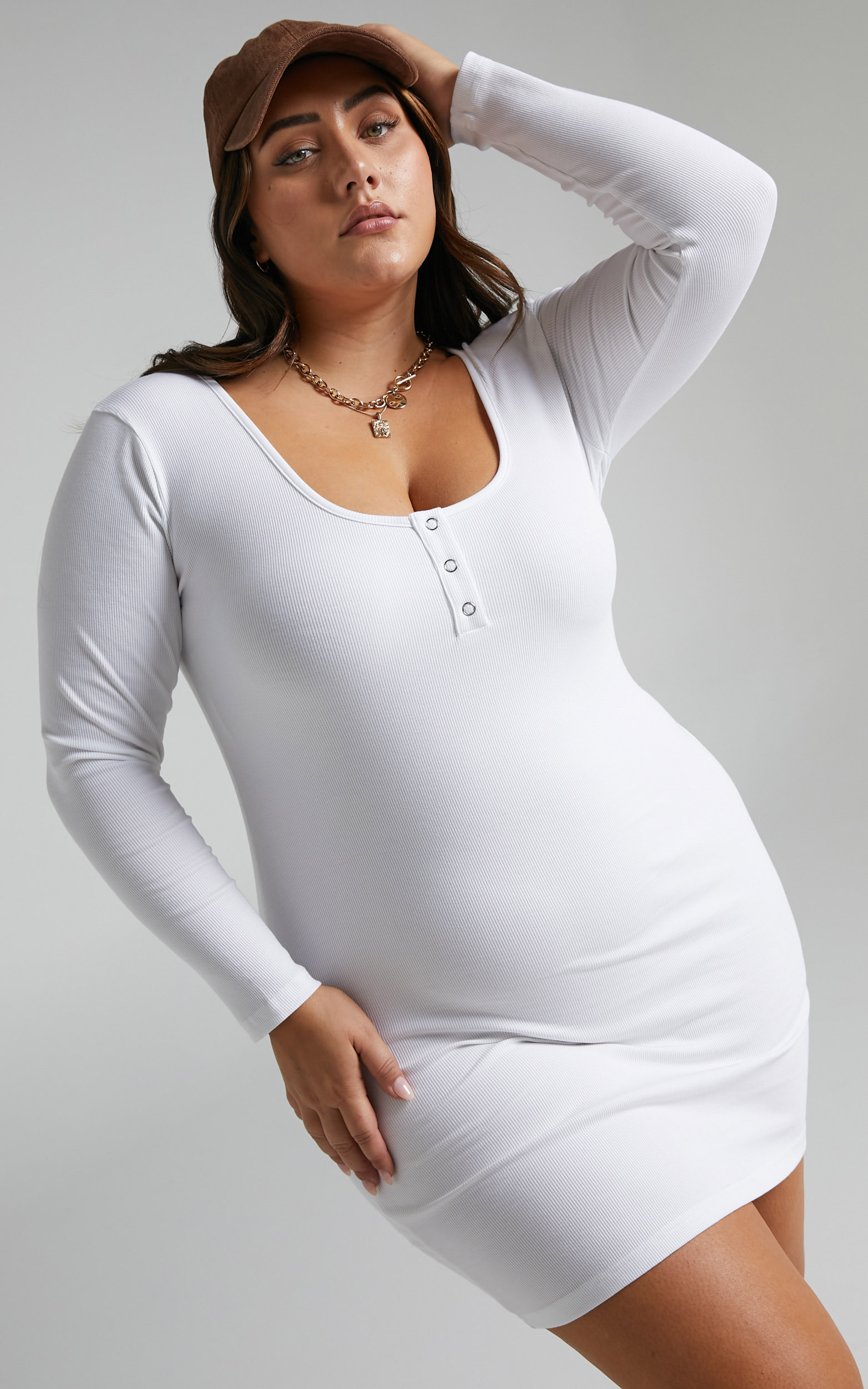 Adricha Ribbed Long Sleeve Henley Mini Dress in White - 04, WHT3, hi-res image number null