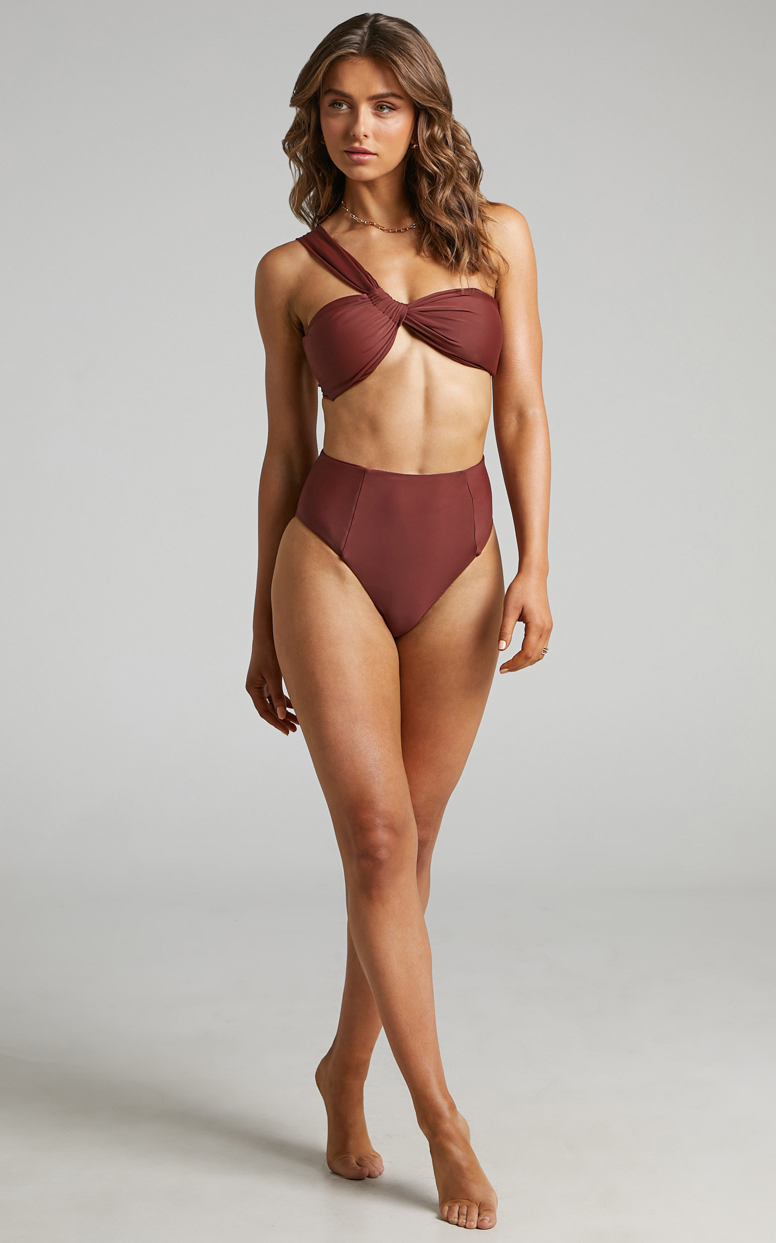 Azul Recycled Nylon Twist Front One Shoulder Bikini Top in Chocolate - 06, BRN1, hi-res image number null