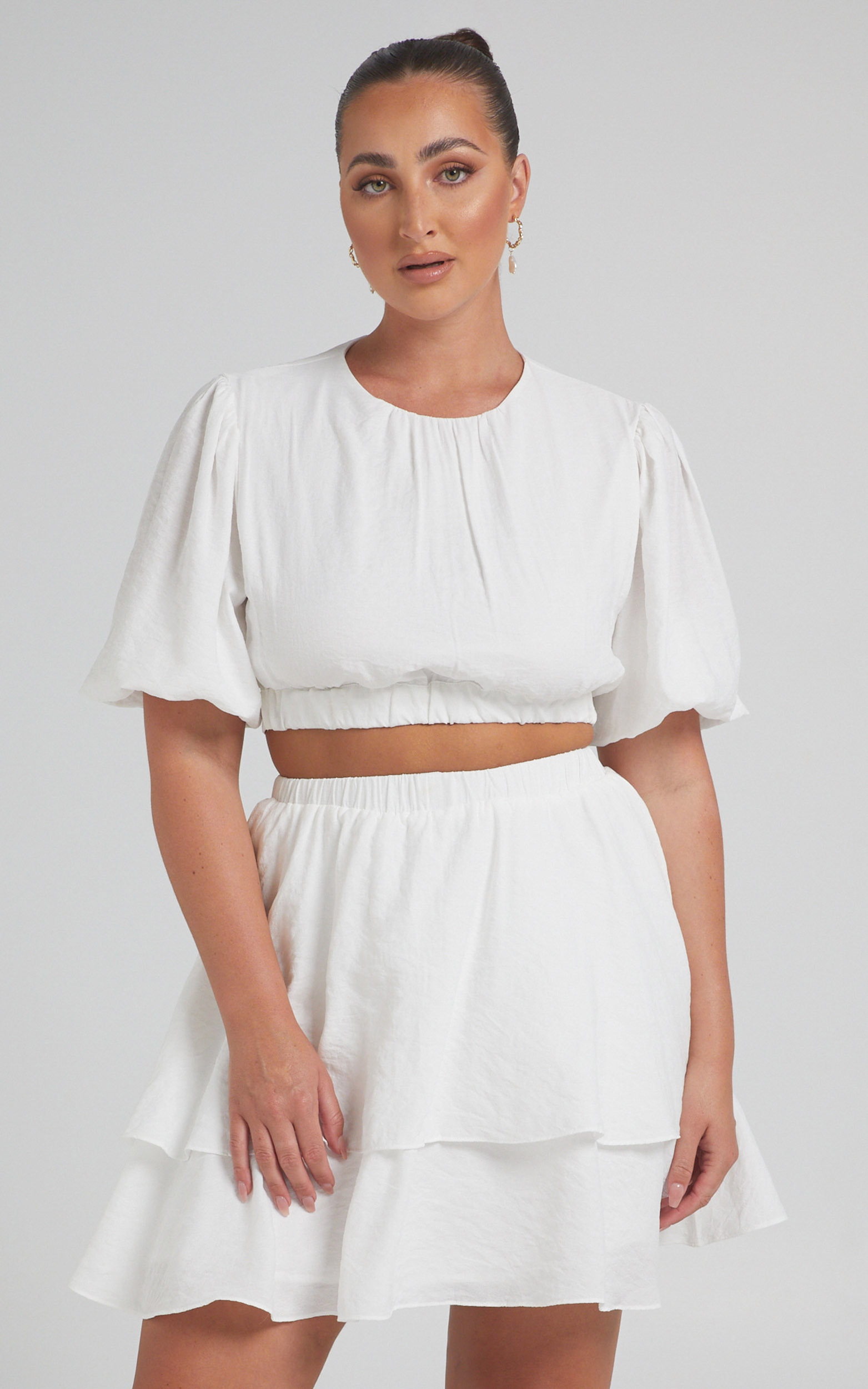 Abee Puff sleeve Tie Waist Two Piece Set in White - 04, WHT2, hi-res image number null
