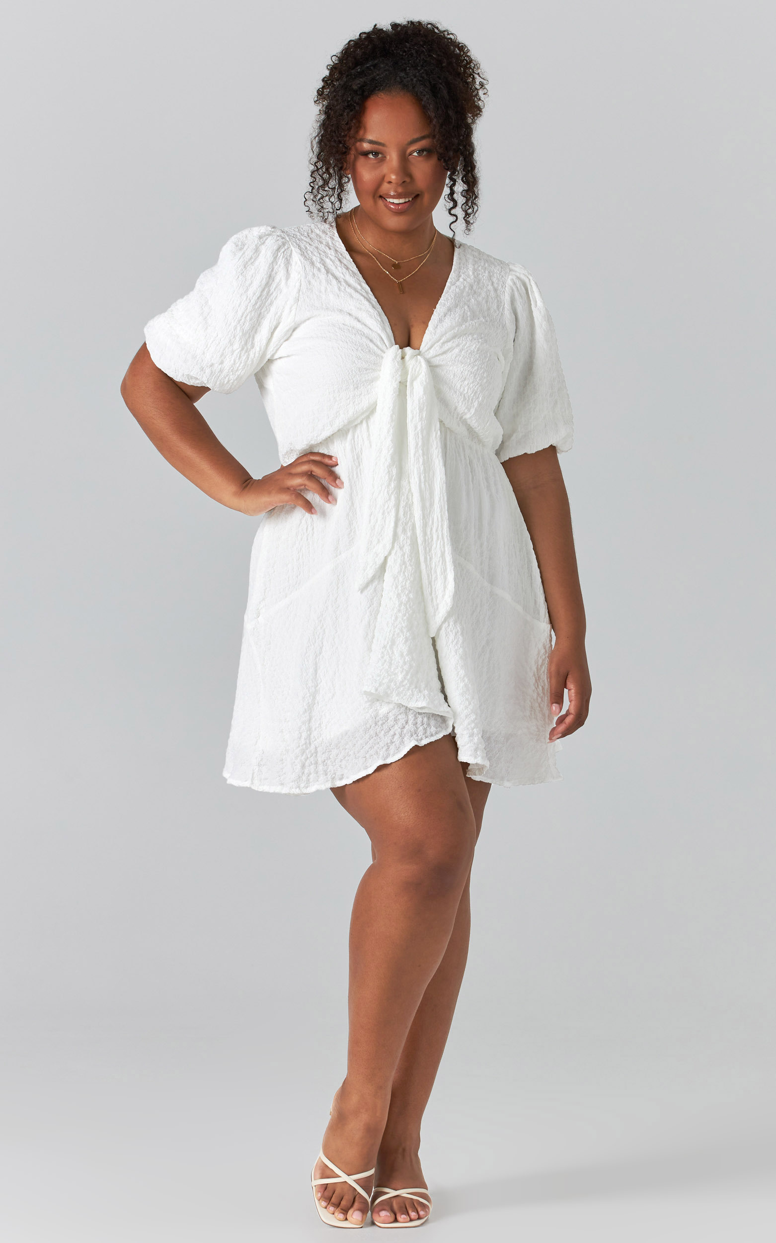 Rosalei Puff Sleeve Tie Front Mini Dress in White - 04, WHT2, hi-res image number null