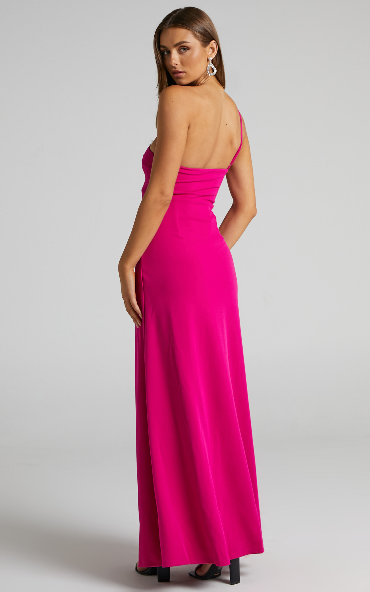 Magnaye Maxi Dress - One Shoulder Thigh Split Dress in Pink Stretch ...