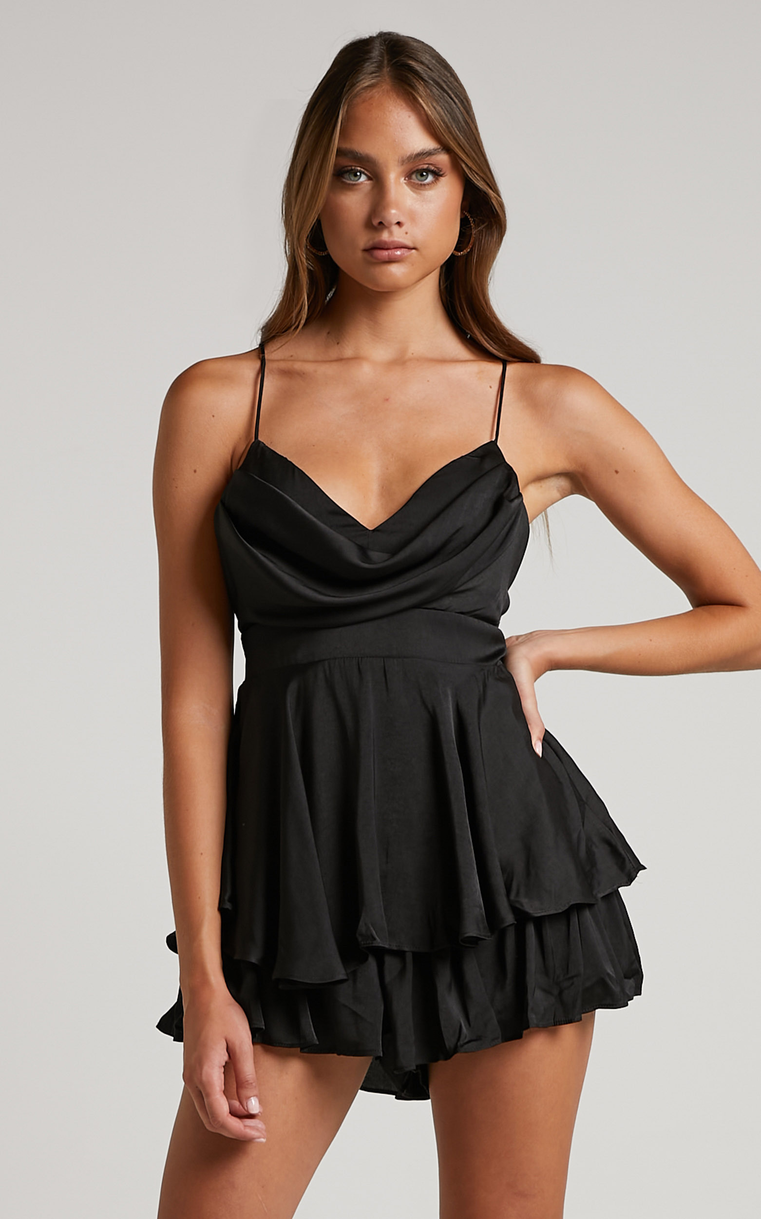 Delany Playsuit - Cowl Neck Layered Frill Playsuit in Black - 06, BLK1, hi-res image number null