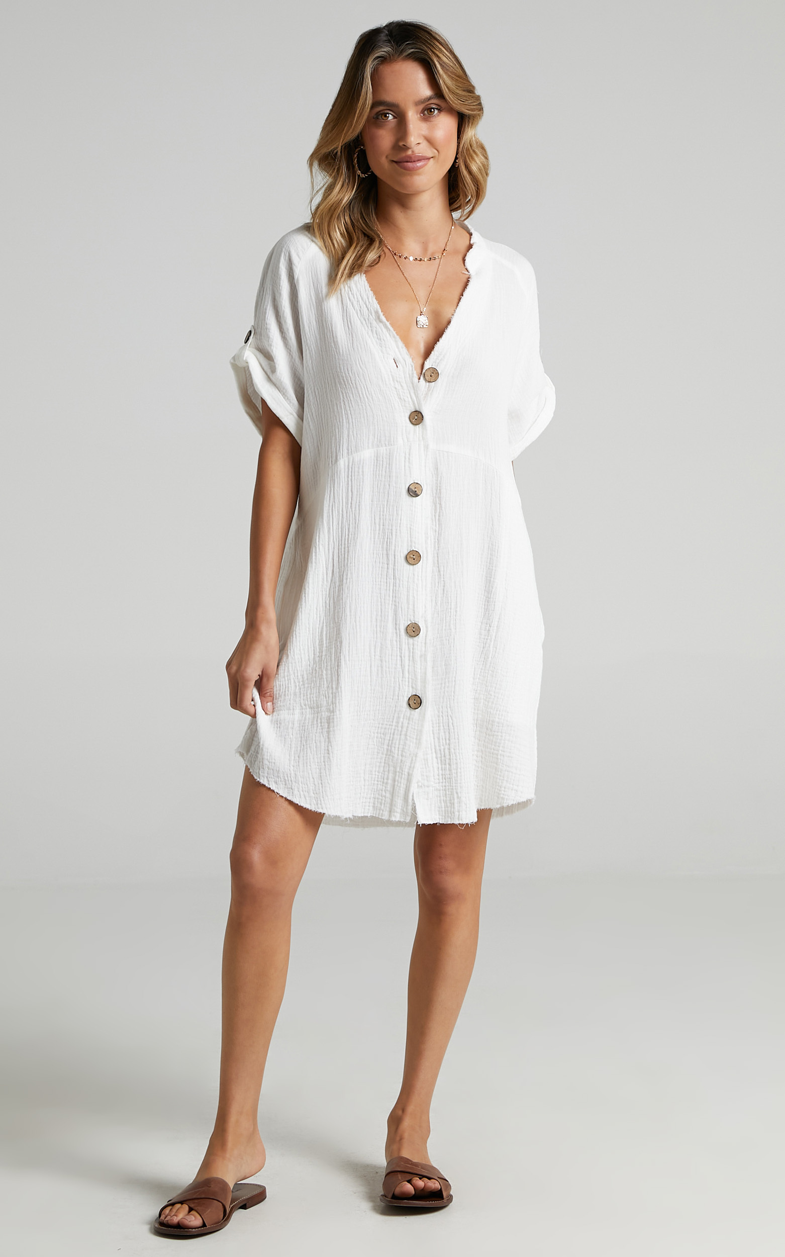 Rosalind Button Through Dress in White - S/M, WHT2, hi-res image number null
