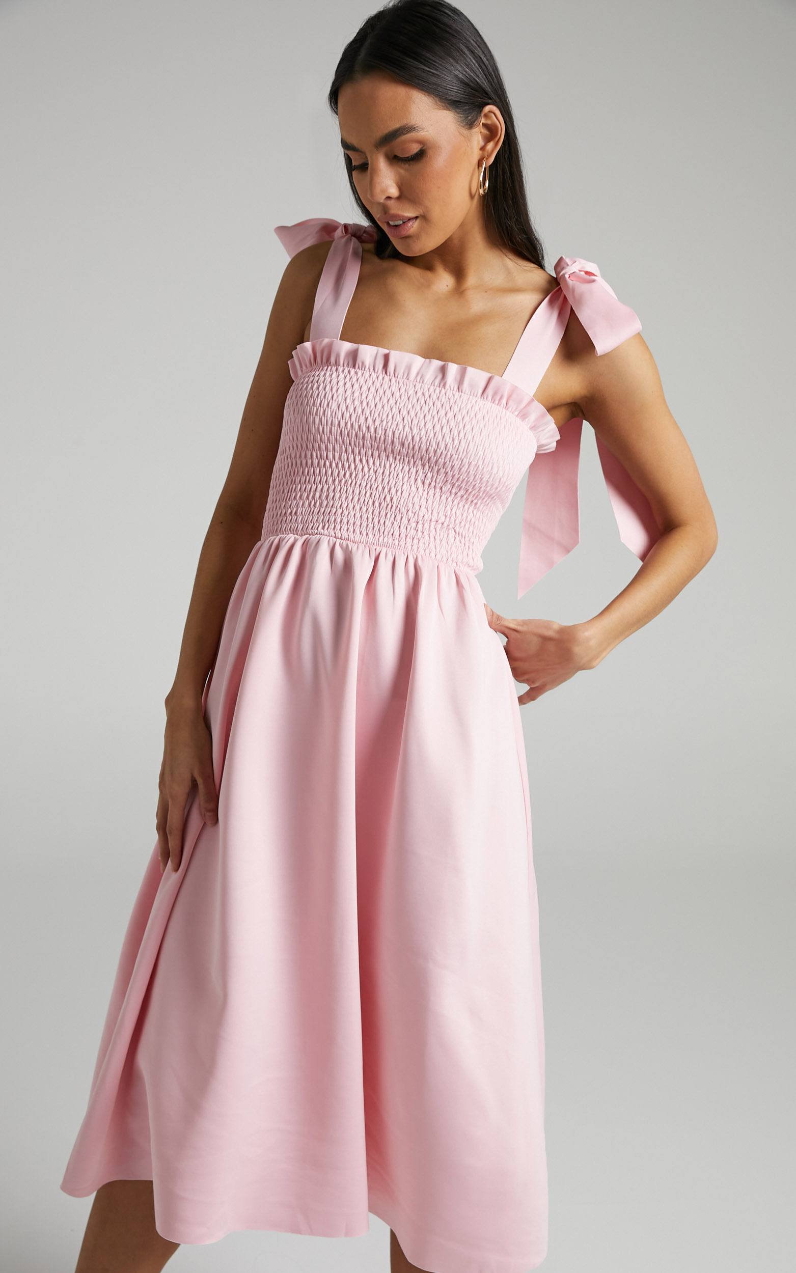 Erzsebet Shirred Bodice Tie Strap Midi Dress in Pale Pink - 06, PNK1, hi-res image number null