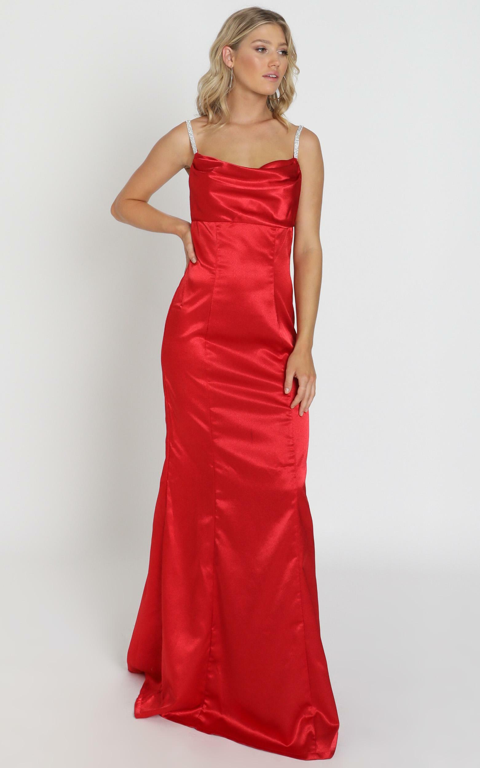 Alysha Diamante Strap Maxi Dress In red satin - 8 (S), Red, hi-res image number null