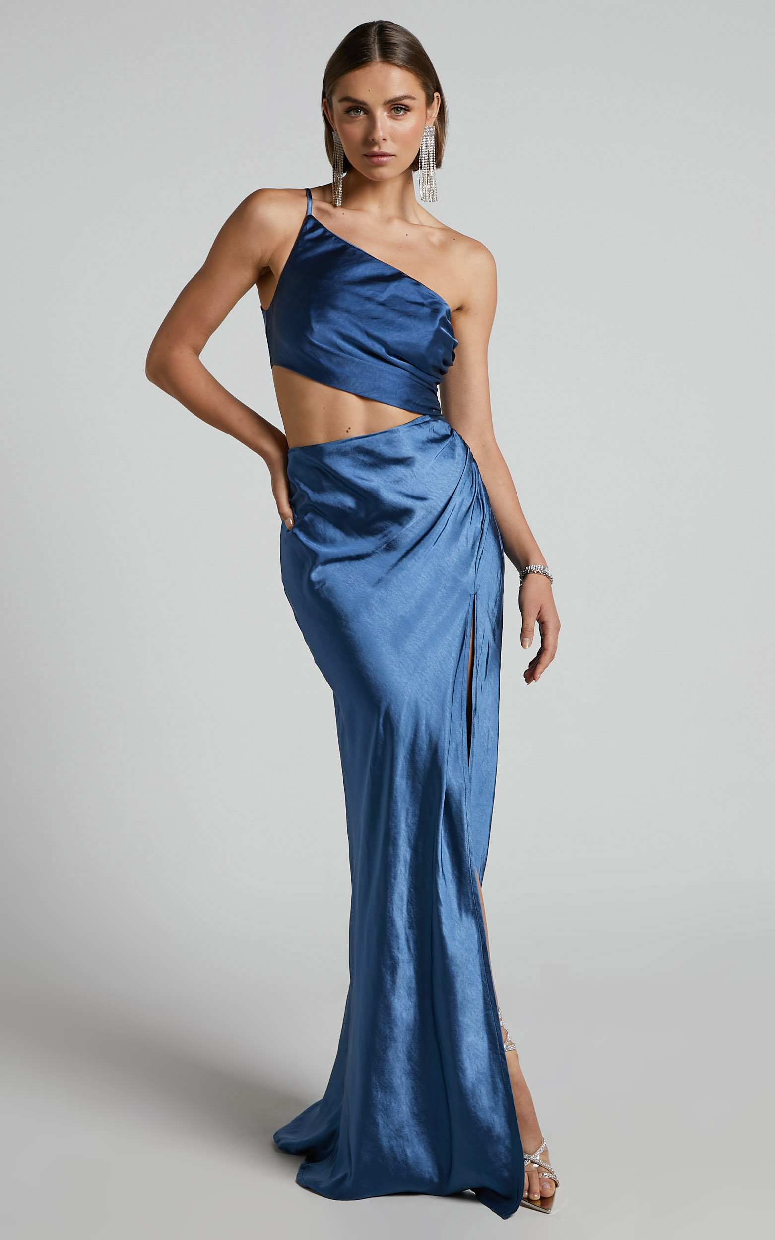 Brody Maxi Dress - Side Cut Out One Shoulder Dress in Steel Blue - 04, BLU1, hi-res image number null