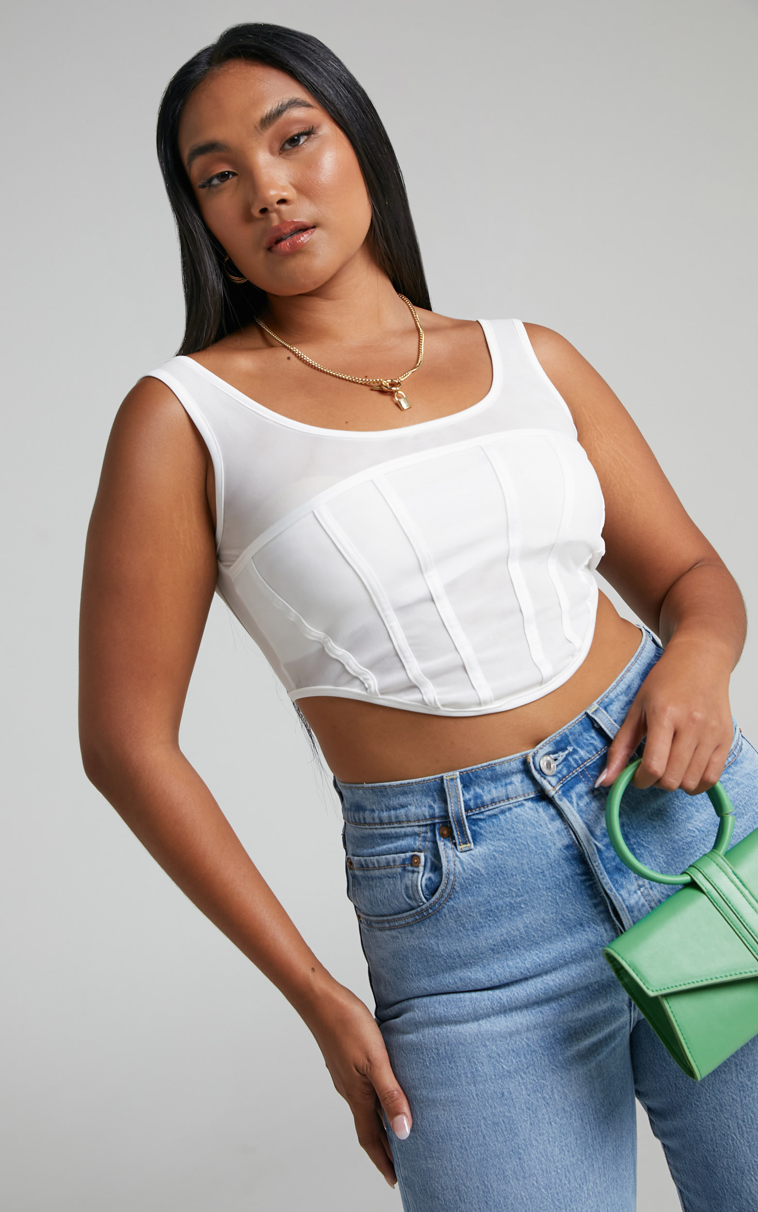Meekah Mesh Corset Style Crop Top in White - L, WHT4, hi-res image number null