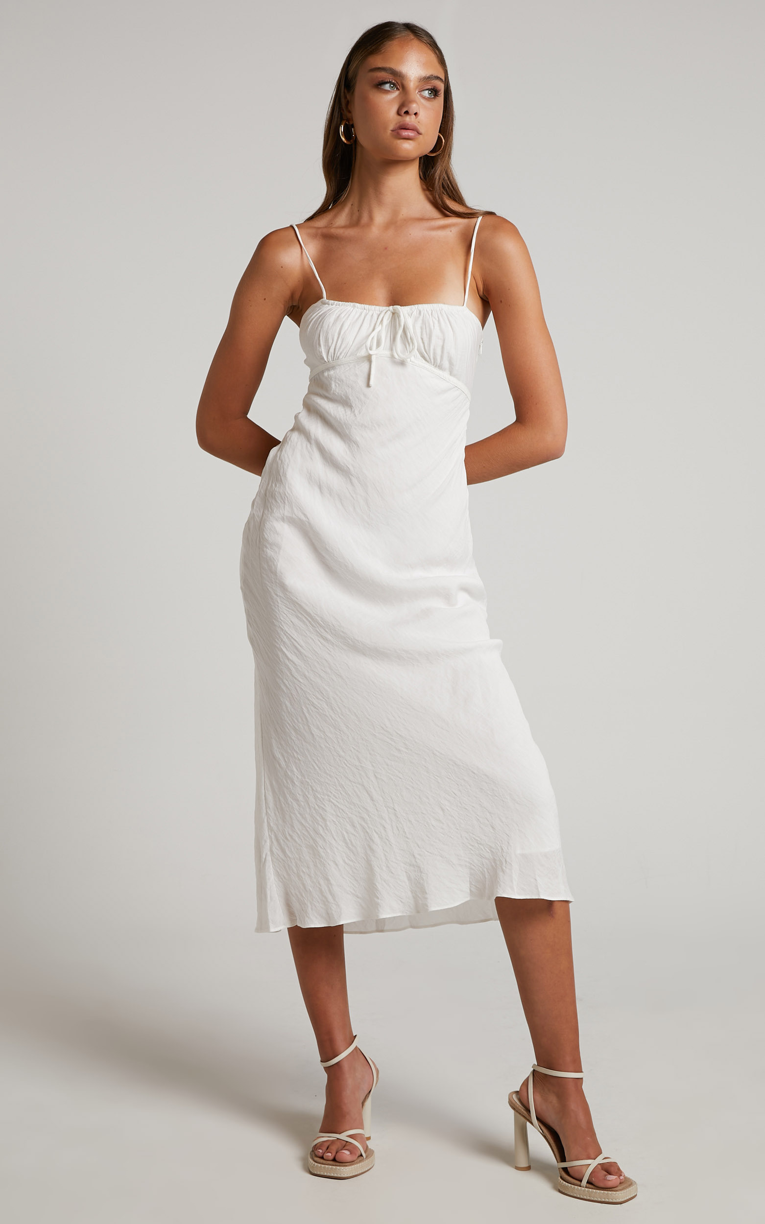 Lancey Midi Dress - Ruched Bust Tie Front Dress in White - 16, WHT1, hi-res image number null